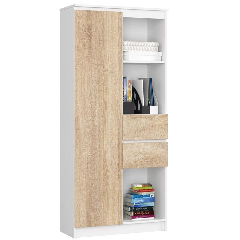 Bibliothèque De Bureau Akord R15 Blanche 80 Cm 1 Porte 2 Tiroirs Façade Chêne Sonoma 7 Étagères 80x35x180 Cm