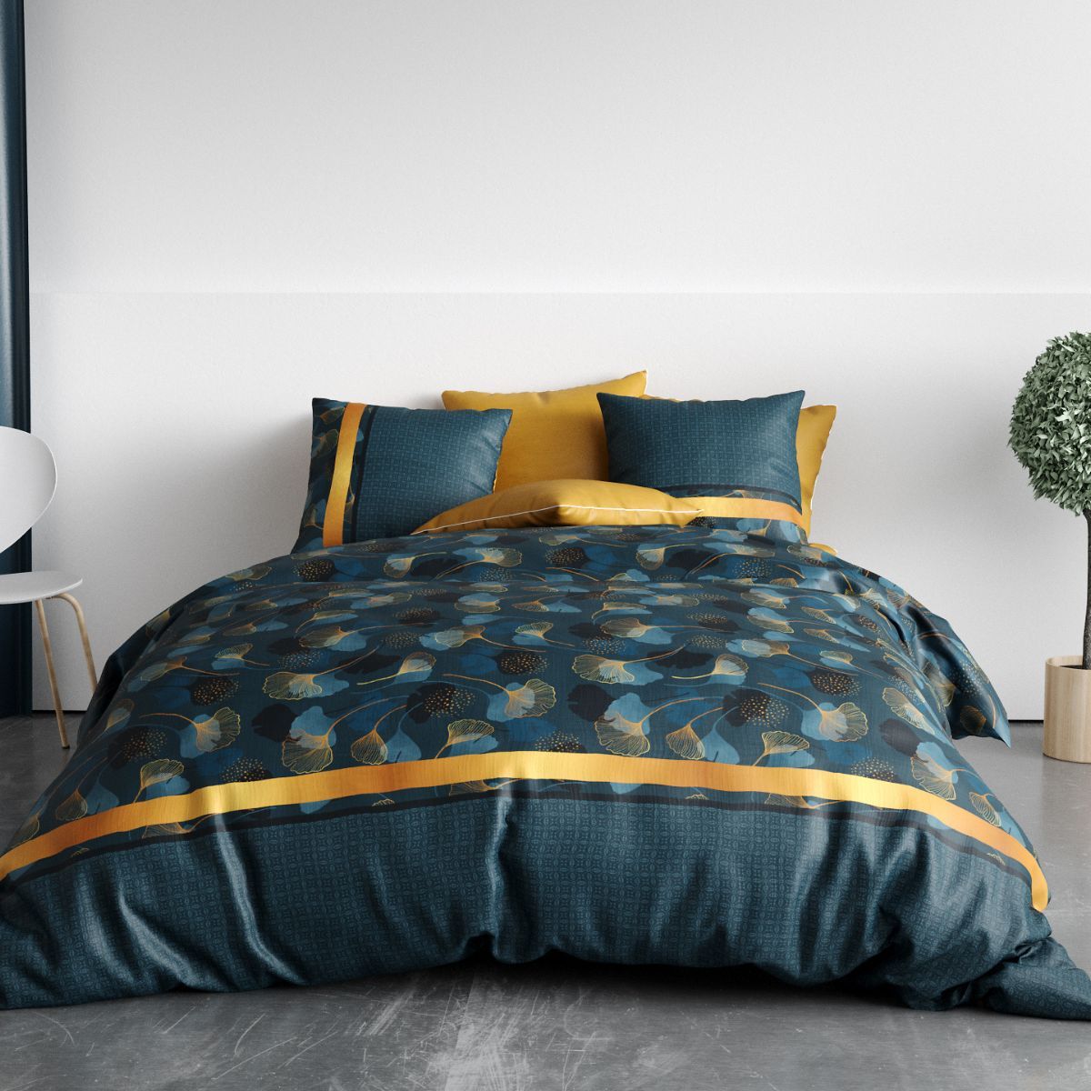 Parure Housse De Couette 240x220cm + 2 Taies Motif Feuillage Ginko Bleu Et Jaune 100% Coton - Jayan