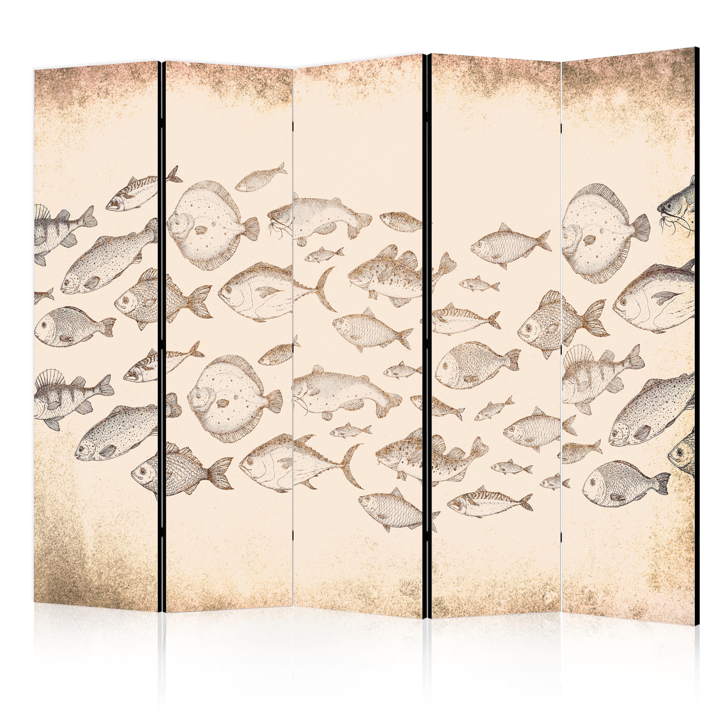Paravent -croquis De Diverses Espèces De Poissonsbeige Dans Un Style Vintage 225x172