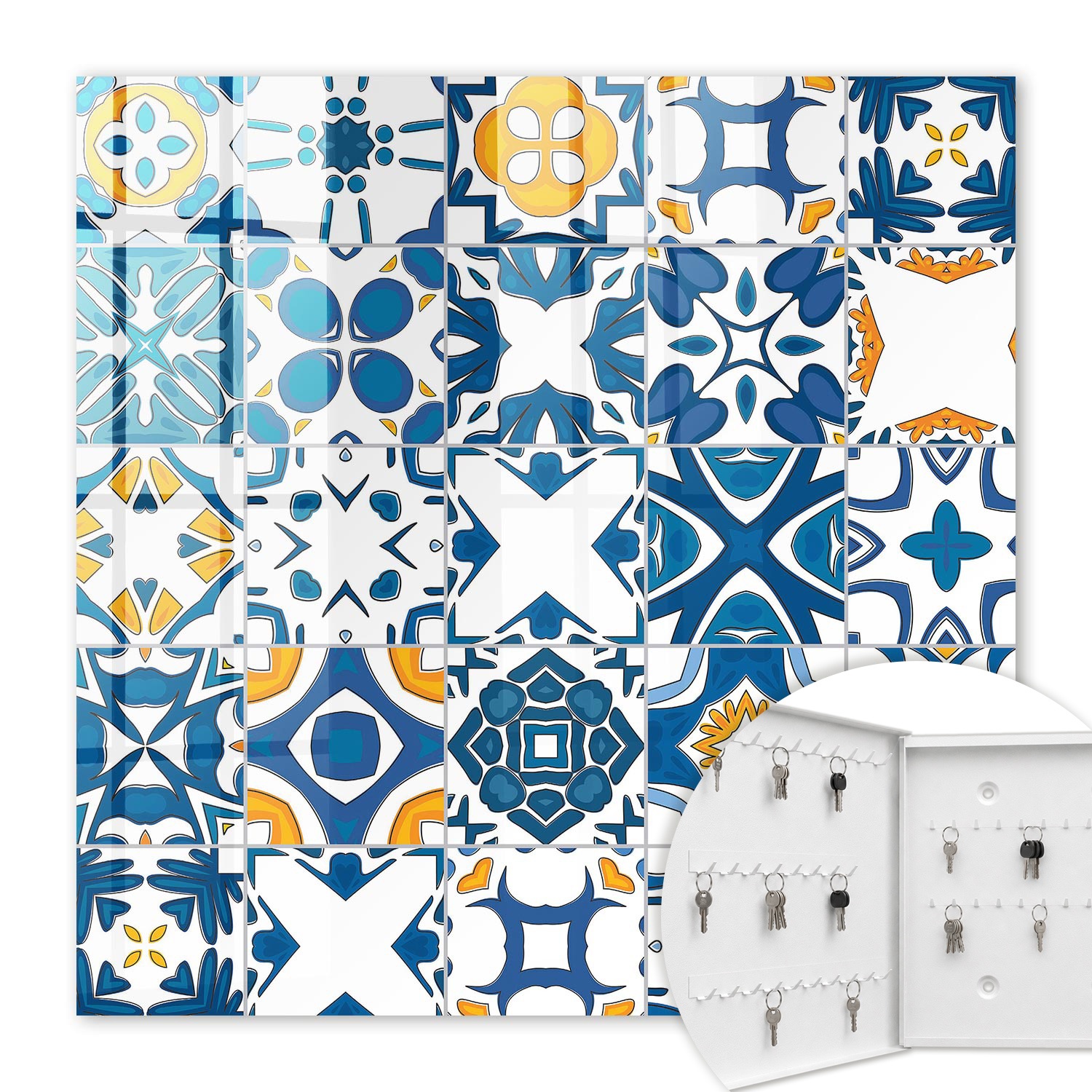 Armoire À Clés - (30 Cm X 30 Cm) - Boîte À Clés Murale - Coffret De Rangement Pour Clés - Couleur Blanche - Ouverture Vers La Gauche - Pour Maison Et Bureau - Motifs Géométriques