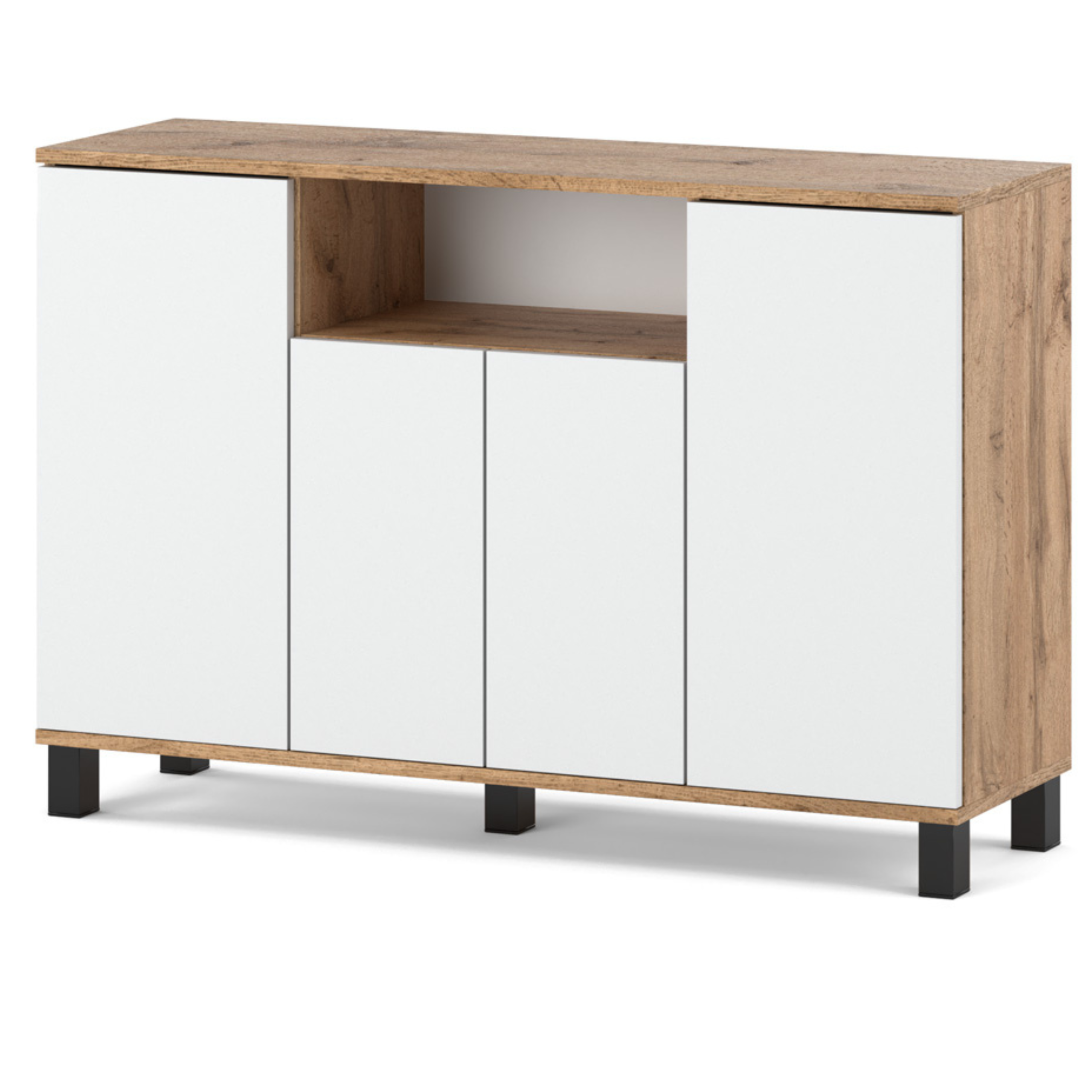 Commode Chêne Wotan + Blanc 120 Cm 4 Portes - Meuble Tv Moderne Pour Salon Et Chambre - Buffet De Rangement Design