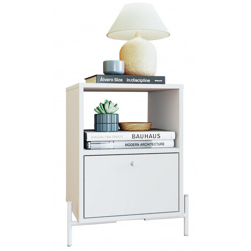 Table De Chevet Beaux Meubles Pas Chers 1 Tiroir 1 Niche Blanc Bois Métal 45 X 56 X 35 Cm