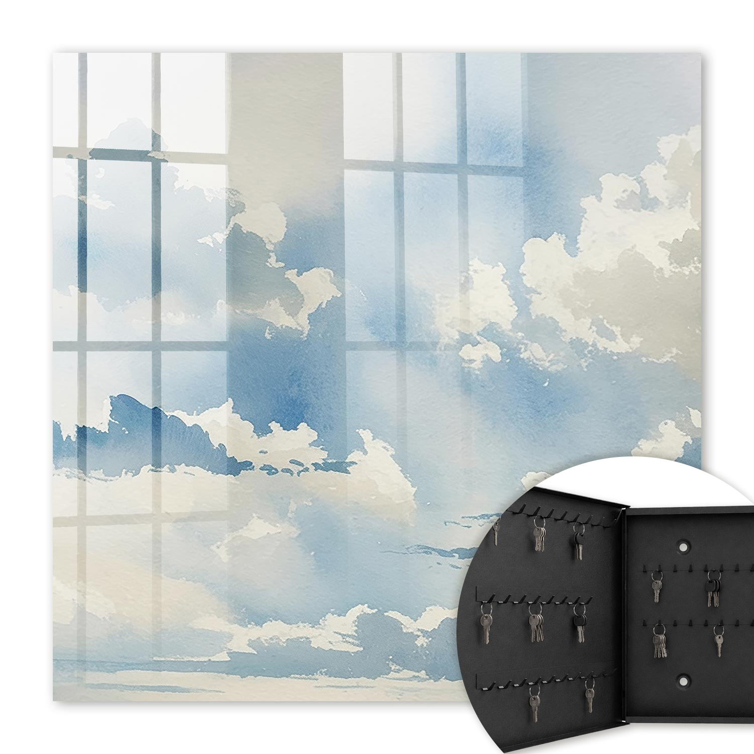 Armoire À Clés - (30 Cm X 30 Cm) - Boîte À Clés Murale - Coffret De Rangement Pour Clés - Couleur Noire - Ouverture Vers La Gauche - Pour Maison Et Bureau - Nuages dans Le Ciel
