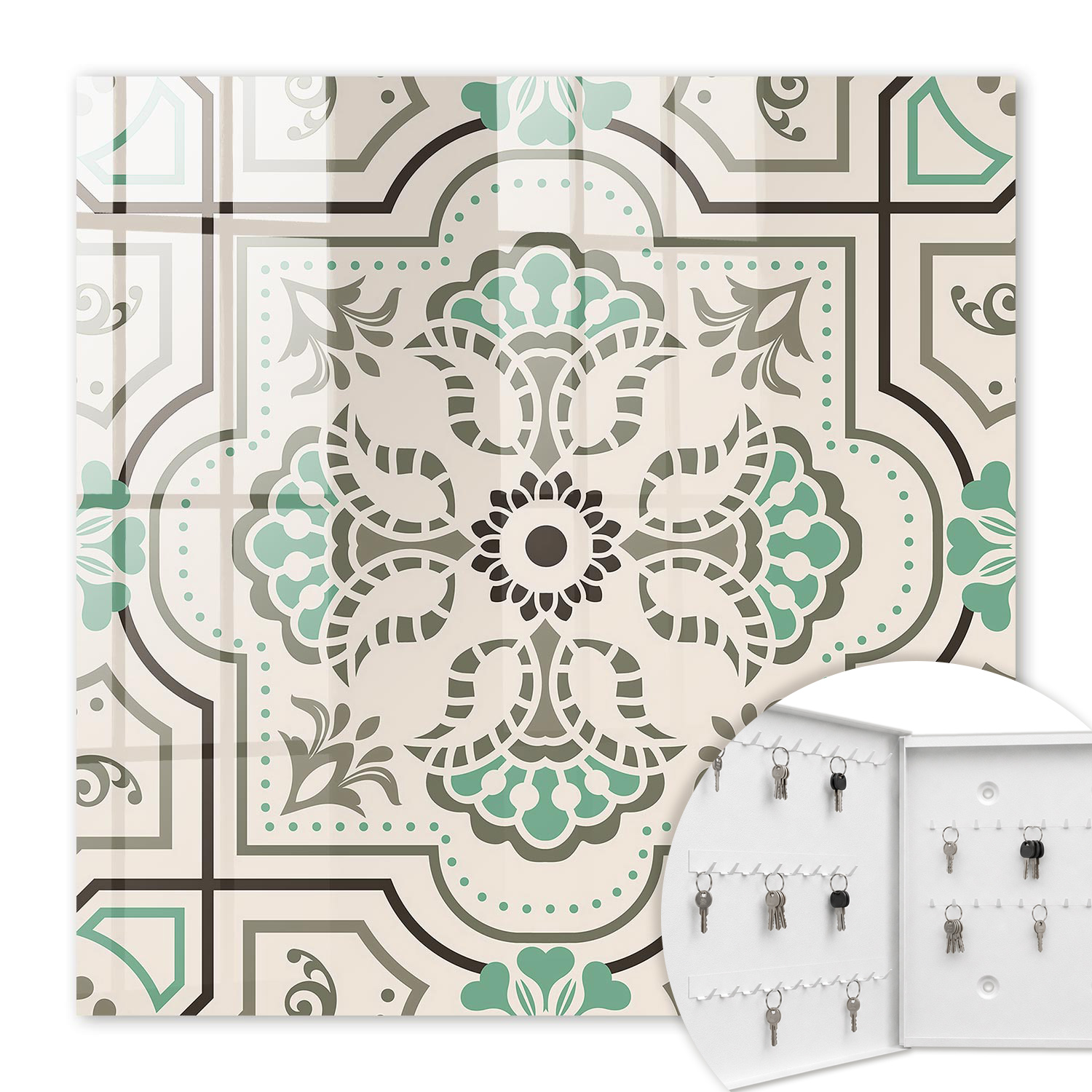 Armoire À Clés - (30 Cm X 30 Cm) - Boîte À Clés Murale - Coffret De Rangement Pour Clés - Couleur Blanche - Ouverture Vers La Gauche - Pour Maison Et Bureau - Décoration Géométrique