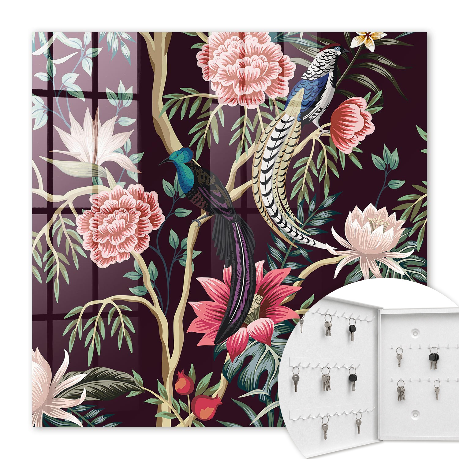 Armoire À Clés - (30 Cm X 30 Cm) - Boîte À Clés Murale - Coffret De Rangement Pour Clés - Couleur Blanche - Ouverture Vers La Gauche - Pour Maison Et Bureau - Fleurs Et Oiseaux