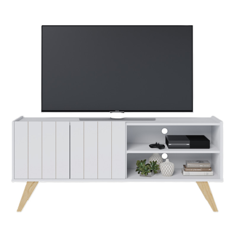 Meuble Tv Beaux Meubles Pas Chers Space 55 Pouces 2 Portes 3 Niches Blanc Grisé Bois