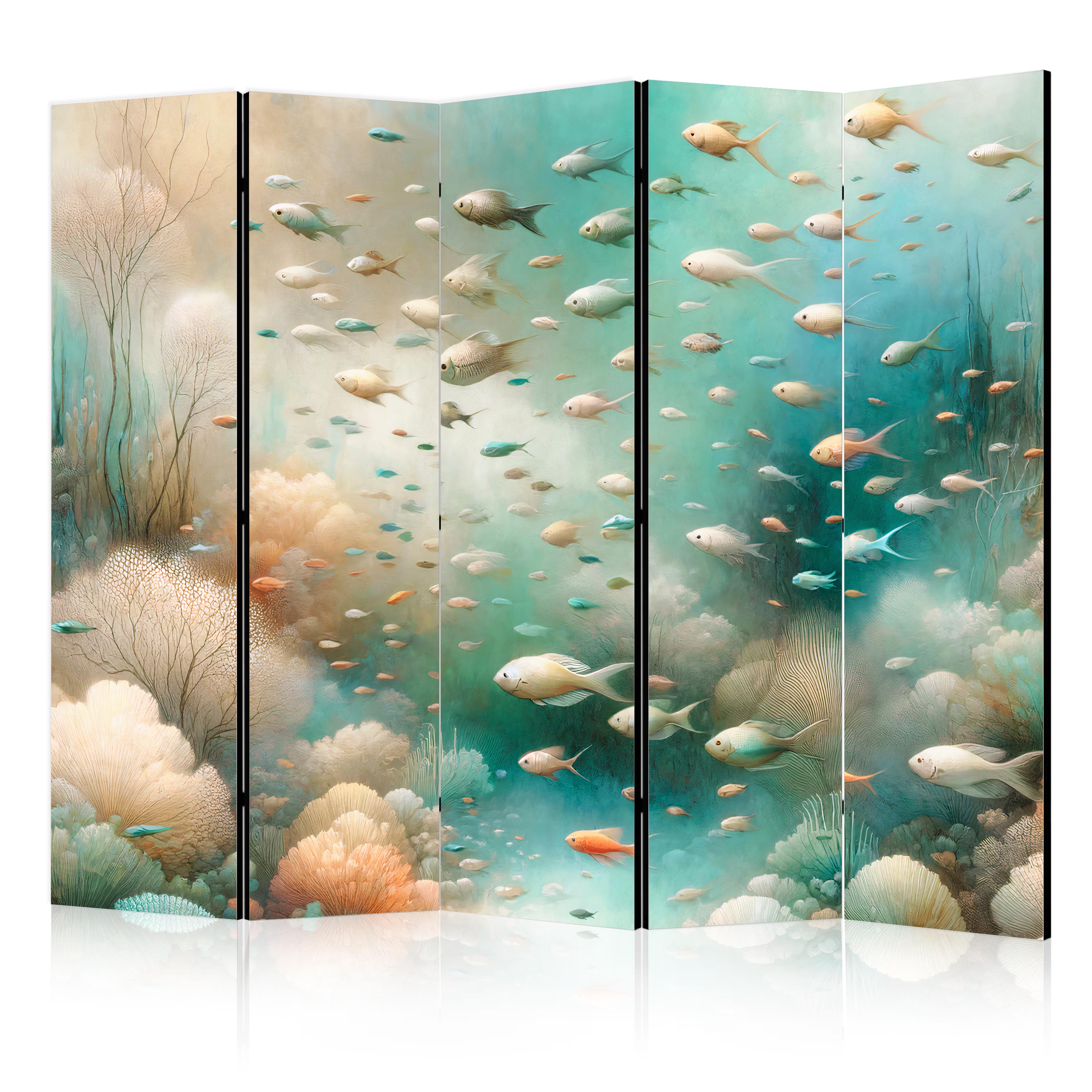 Paravent -poissons Dans Un Monde Sous-marin Aux Couleurs Bleu Turquoise, Beige Et Orange Délicat 225x172