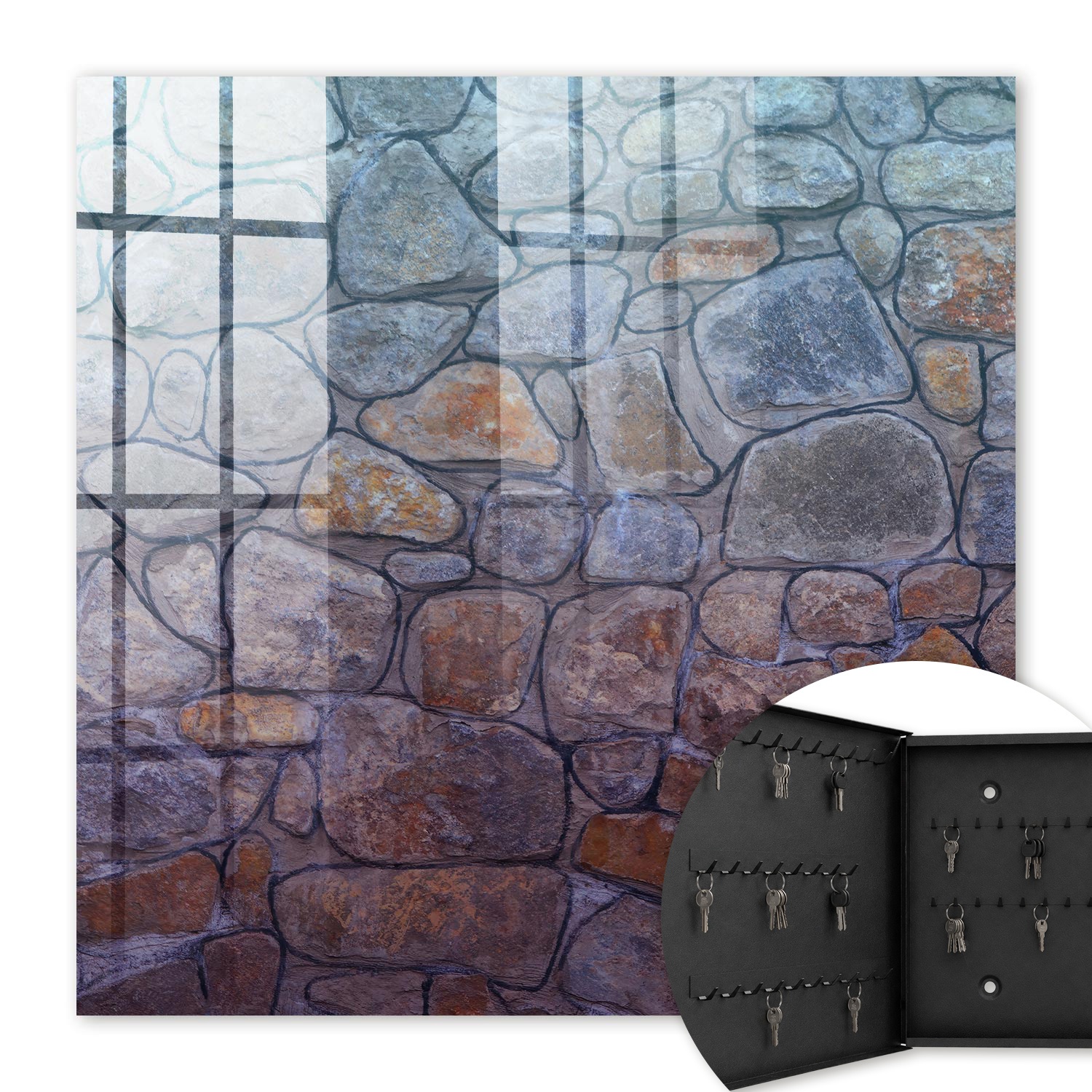 Armoire À Clés - (30 Cm X 30 Cm) - Boîte À Clés Murale - Coffret De Rangement Pour Clés - Couleur Noire - Ouverture Vers La Gauche - Pour Maison Et Bureau - Texture De Pierre