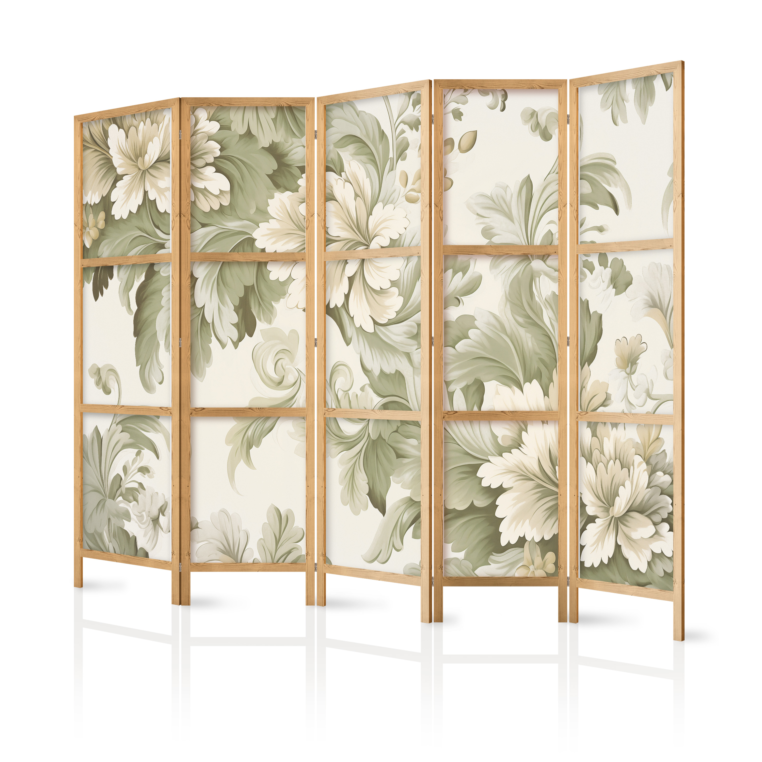 Paravent Japonais - Fleurs Rétro Vintage Aux Couleurs Délicates Crème Et Vert 225x172