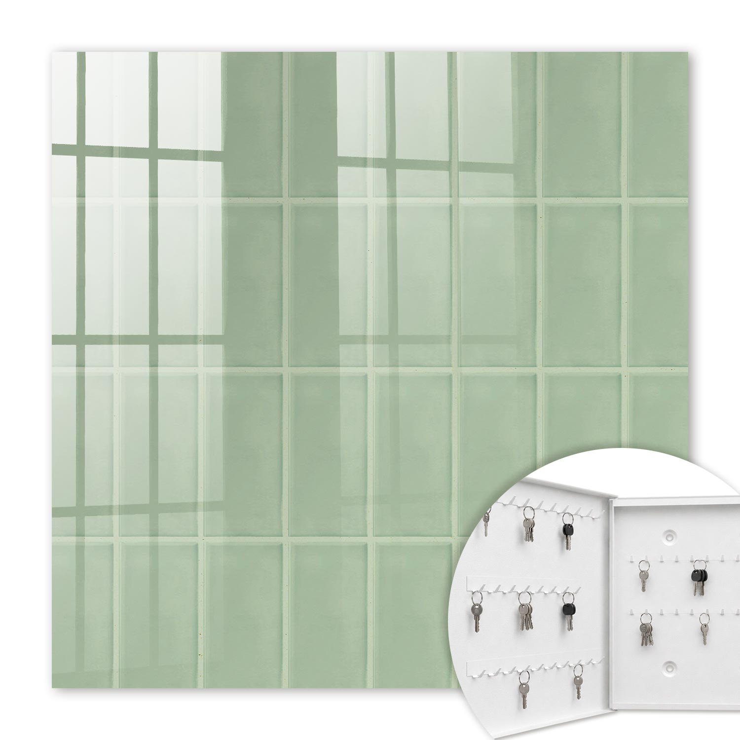 Armoire À Clés - (30 Cm X 30 Cm) - Boîte À Clés Murale - Coffret De Rangement Pour Clés - Couleur Blanche - Ouverture Vers La Gauche - Pour Maison Et Bureau - Carreaux Verts