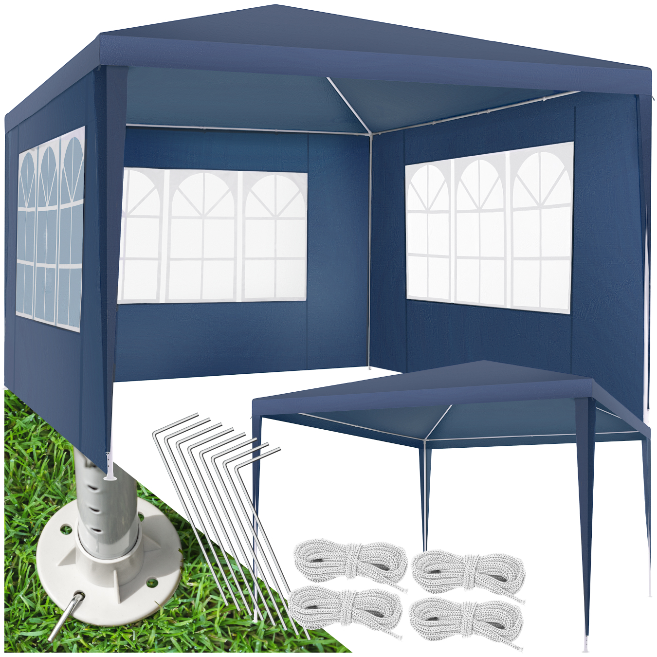 Pavillon Imperméable 3x3m Avec 3 Parois Latérales Amovibles Bleu