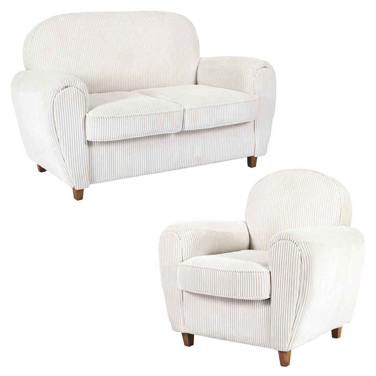 Gandy - Ensemble Fauteuil Et Canapé Club 2 Places Tissu Velours Côtelé Beige