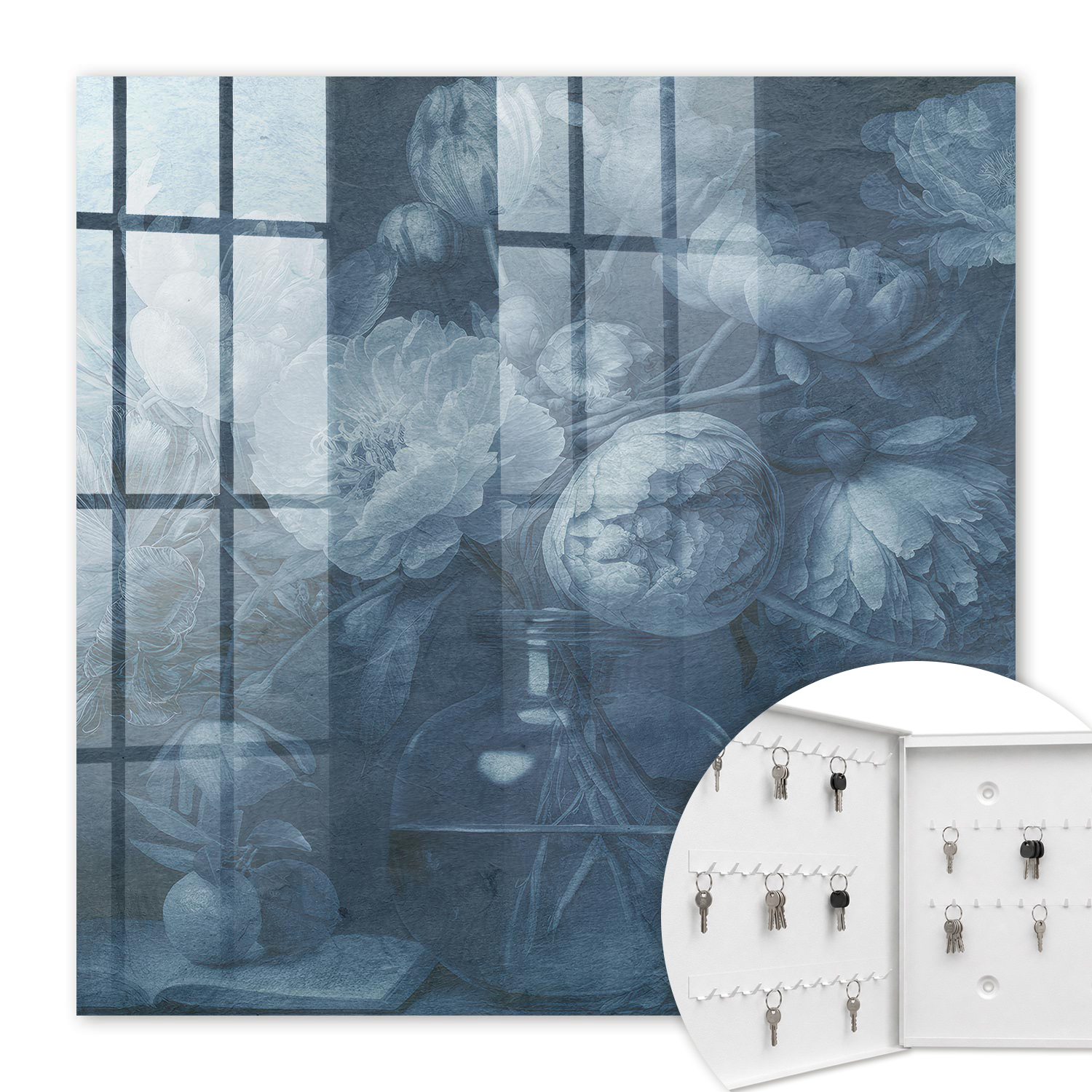 Armoire À Clés - (30 Cm X 30 Cm) - Boîte À Clés Murale - Coffret De Rangement Pour Clés - Couleur Blanche - Ouverture Vers La Gauche - Pour Maison Et Bureau - Fleurs Dans Un Vase