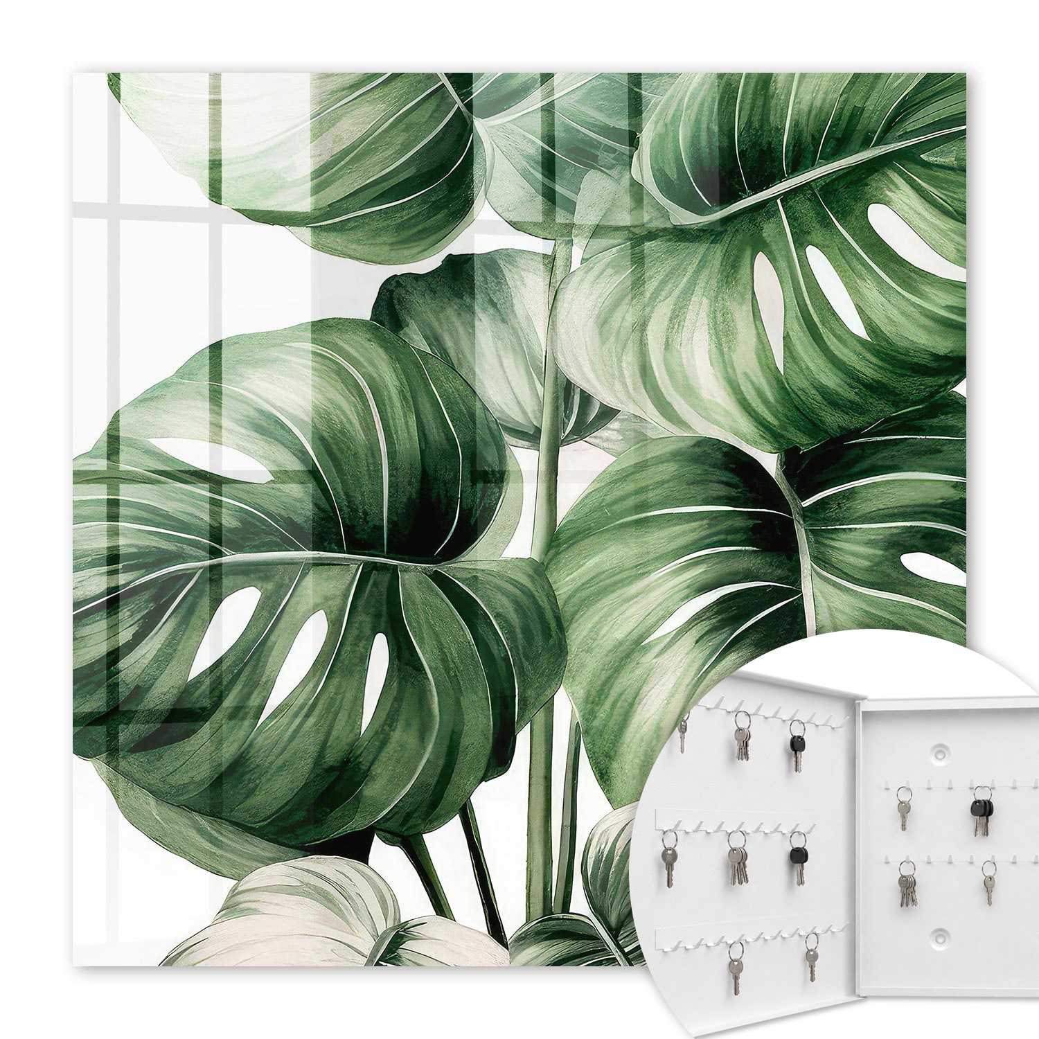 Armoire À Clés - (30 Cm X 30 Cm) - Boîte À Clés Murale - Coffret De Rangement Pour Clés - Couleur Blanche - Ouverture Vers La Gauche - Pour Maison Et Bureau - Feuilles Vertes
