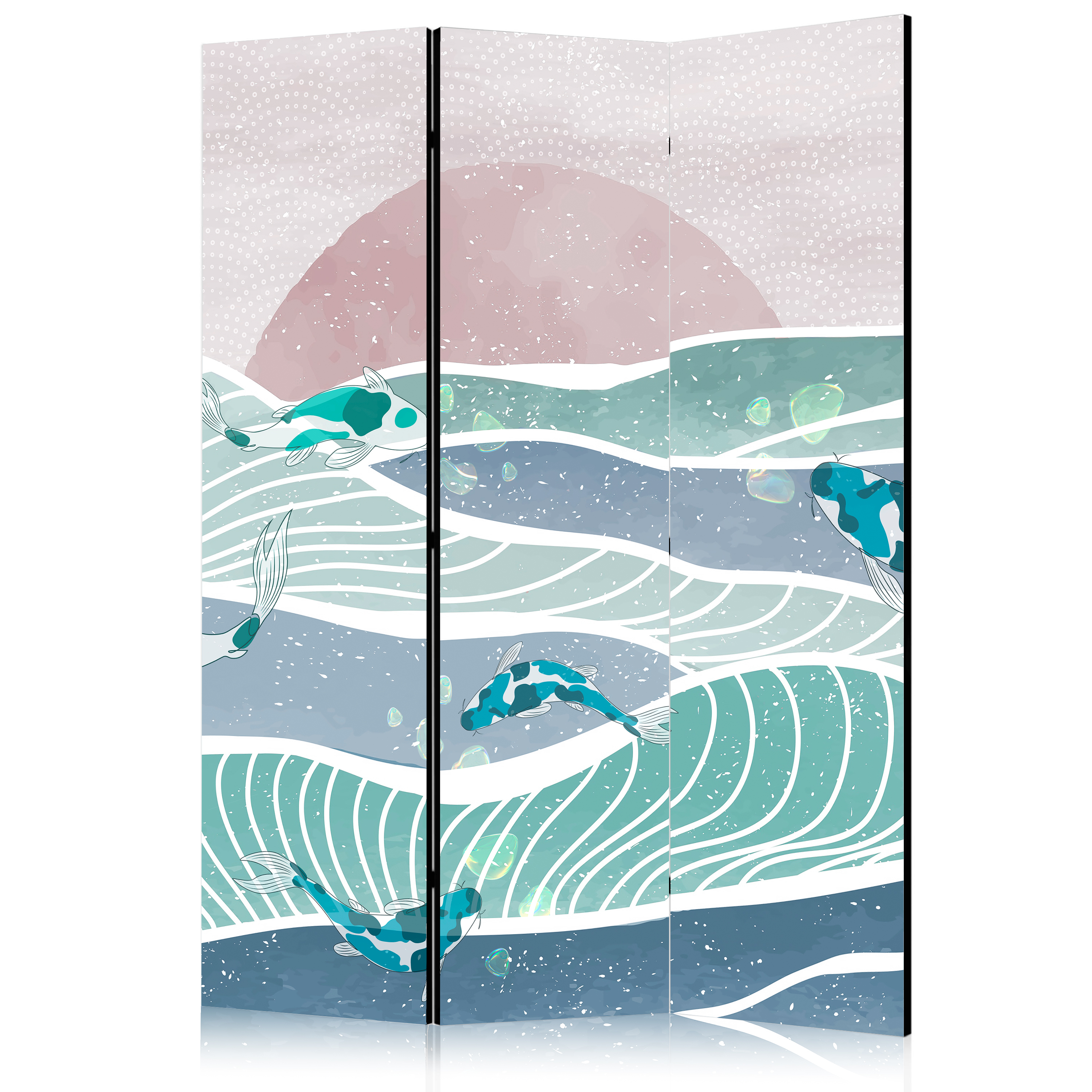 Paravent -coucher De Soleil Et Poissons Koi Dans Les Tons Turquoise Et Bleu 135x172
