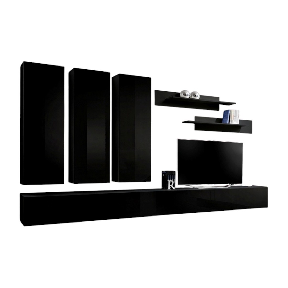 Meublorama - Meuble Tv Fly E1 Design, Coloris Noir Brillant. Meuble Suspendu Moderne Et Tendance Pour Votre Salon.