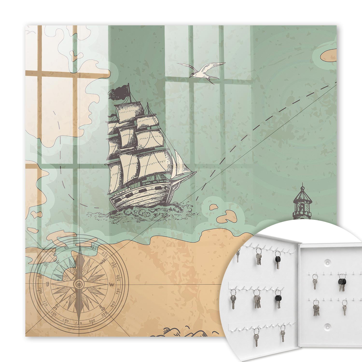 Armoire À Clés - (30 Cm X 30 Cm) - Boîte À Clés Murale - Coffret De Rangement Pour Clés - Couleur Blanche - Ouverture Vers La Gauche - Pour Maison Et Bureau - Aventure En Mer