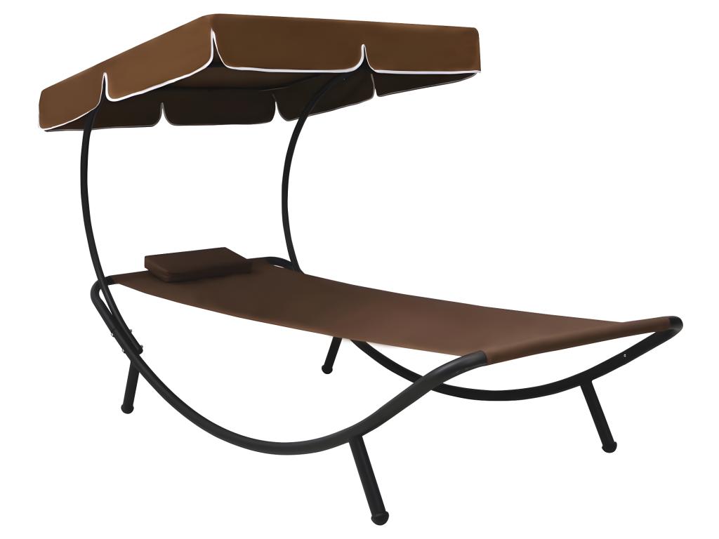 Lit De Repos Transat Chaise Longue D'extérieur 200 Cm Avec Auvent Et Oreiller Marron 02_0012007