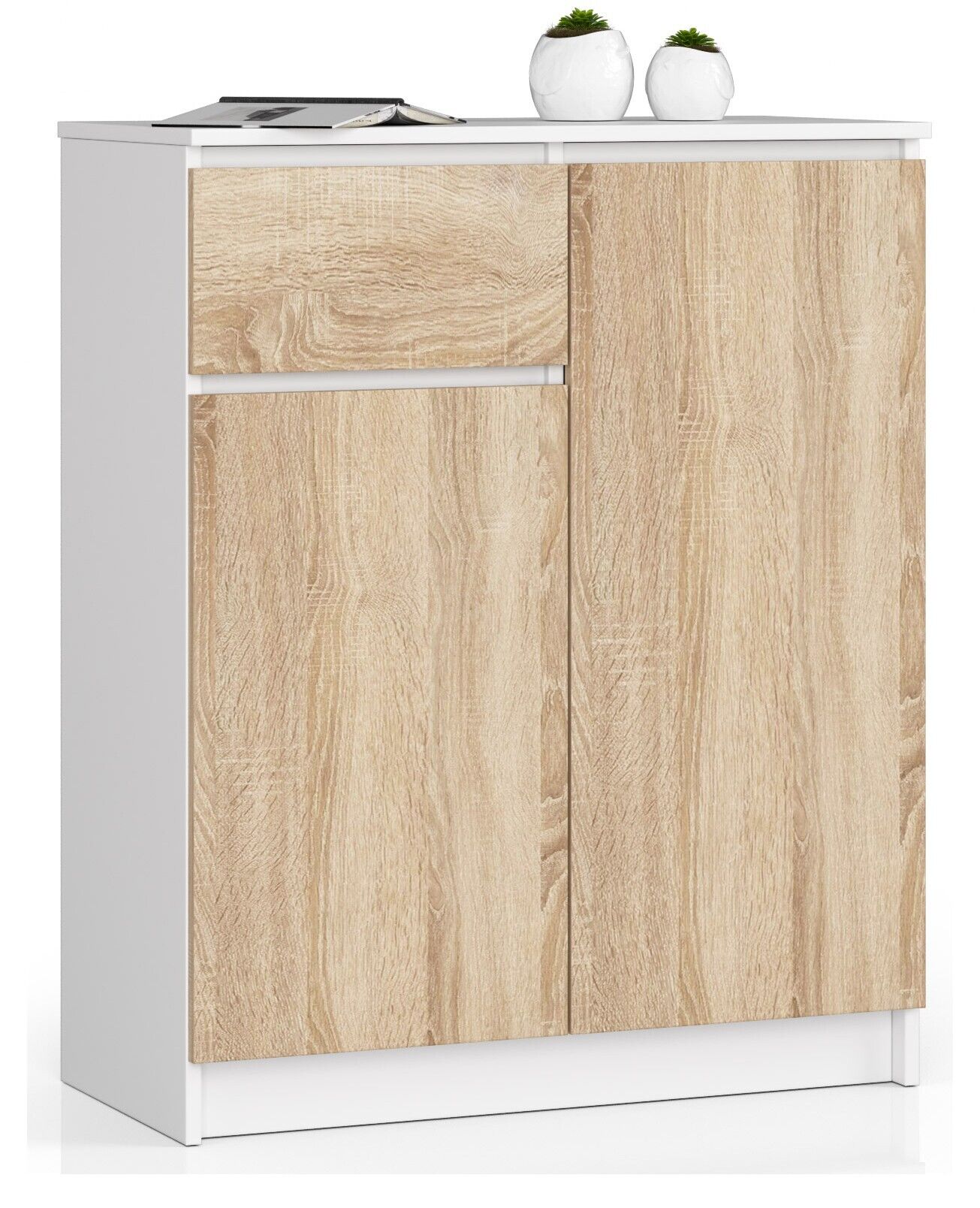 Commode Akord K80 Blanche 80 Cm 2 Portes 1 Tiroir Façade Chêne Sonoma 4 Étagères 80x40x99 Cm