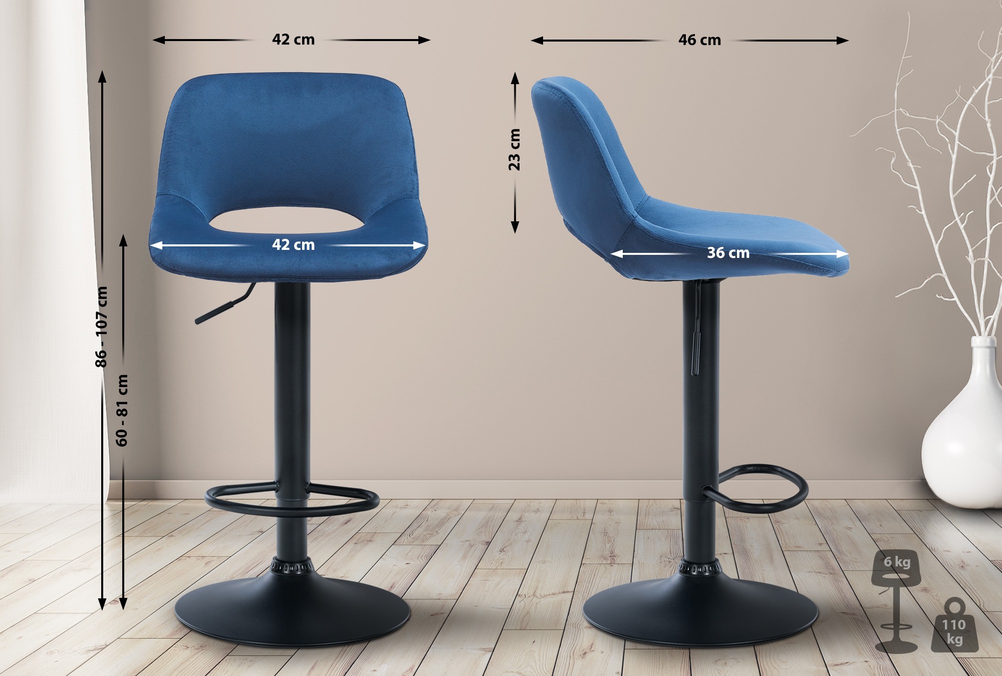 Tabouret De Bar Camden Velours Noir Bleu