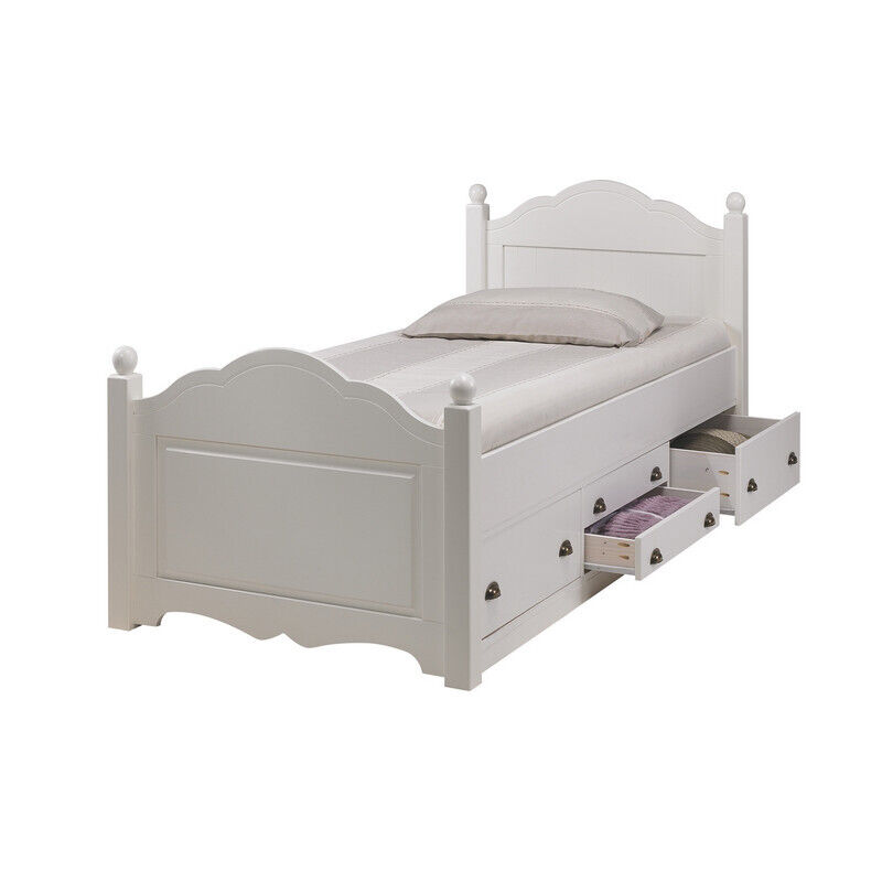 Lit Beaux Meubles Pas Chers 90x190 Cm 4 Tiroirs Blanc Pin Massif
