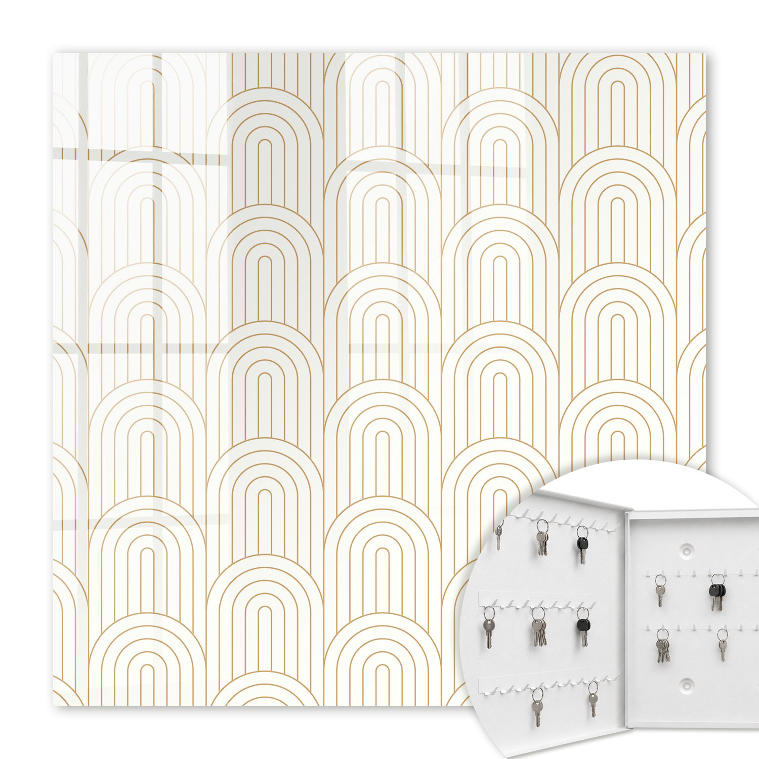 Armoire À Clés - (30 Cm X 30 Cm) - Boîte À Clés Murale - Coffret De Rangement Pour Clés - Couleur Blanche - Ouverture Vers La Gauche - Pour Maison Et Bureau - Arcs Géométriques