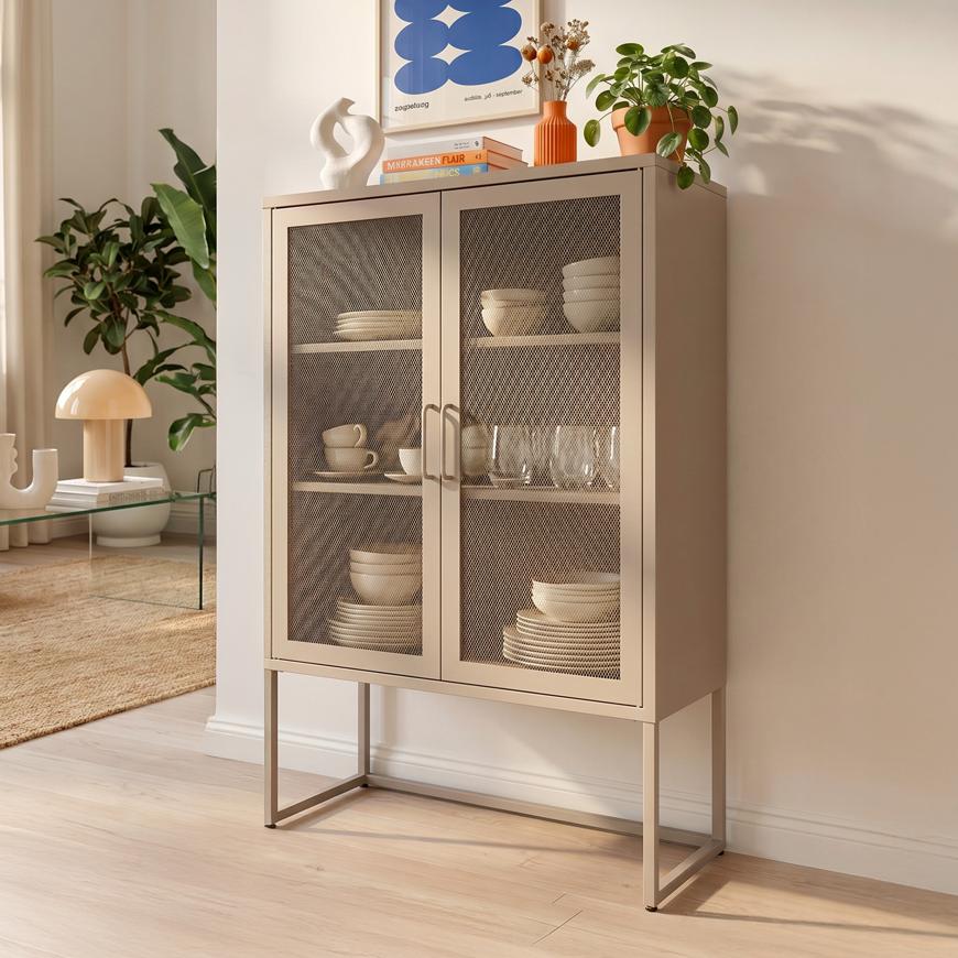 Sicaan Buffet Haut Industriel En Métal H.120cm 2 Portes Mesh Grillagé Beige - Kai