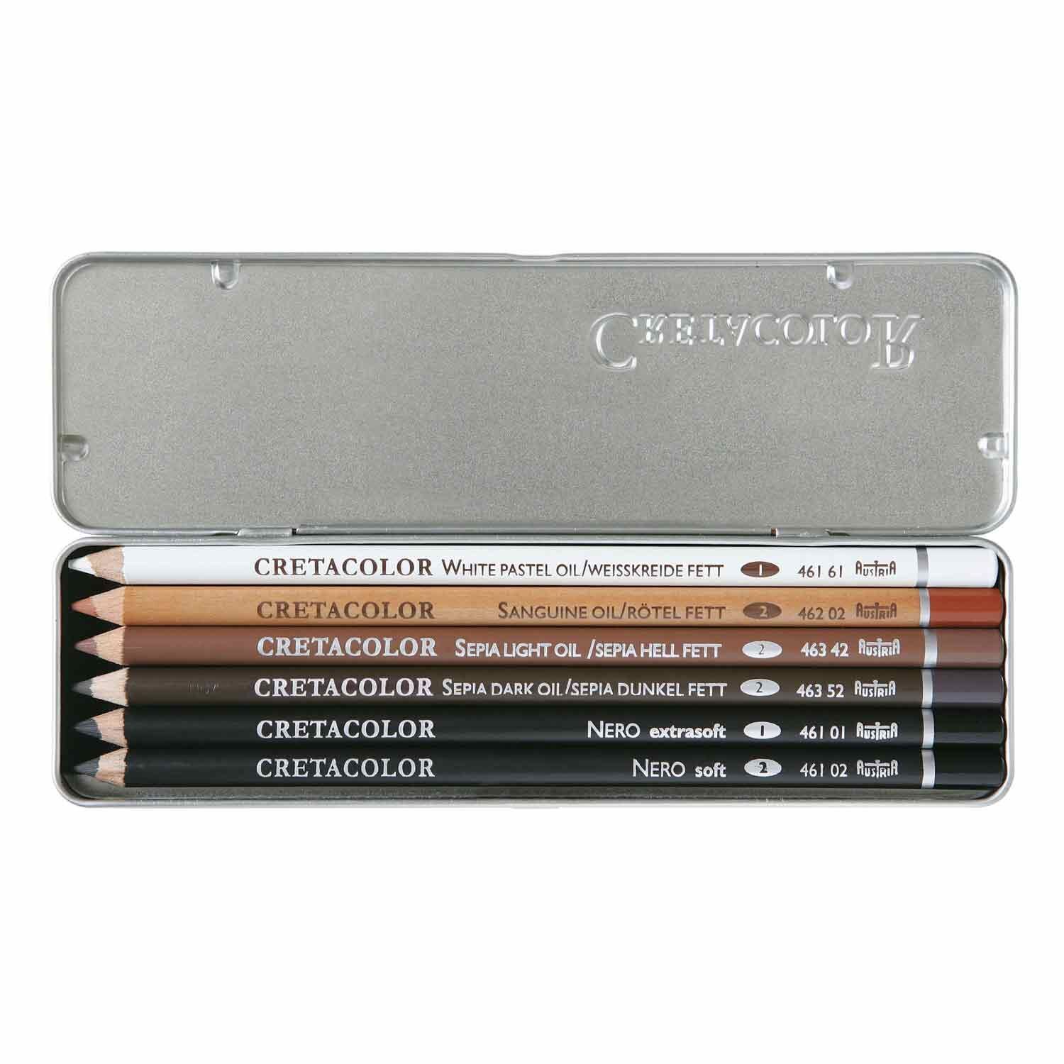 Set 6 Crayons Gras Pour Esquisses - Blanc, Sanguine, Sépia Clair, Sépia Foncé, Noir E