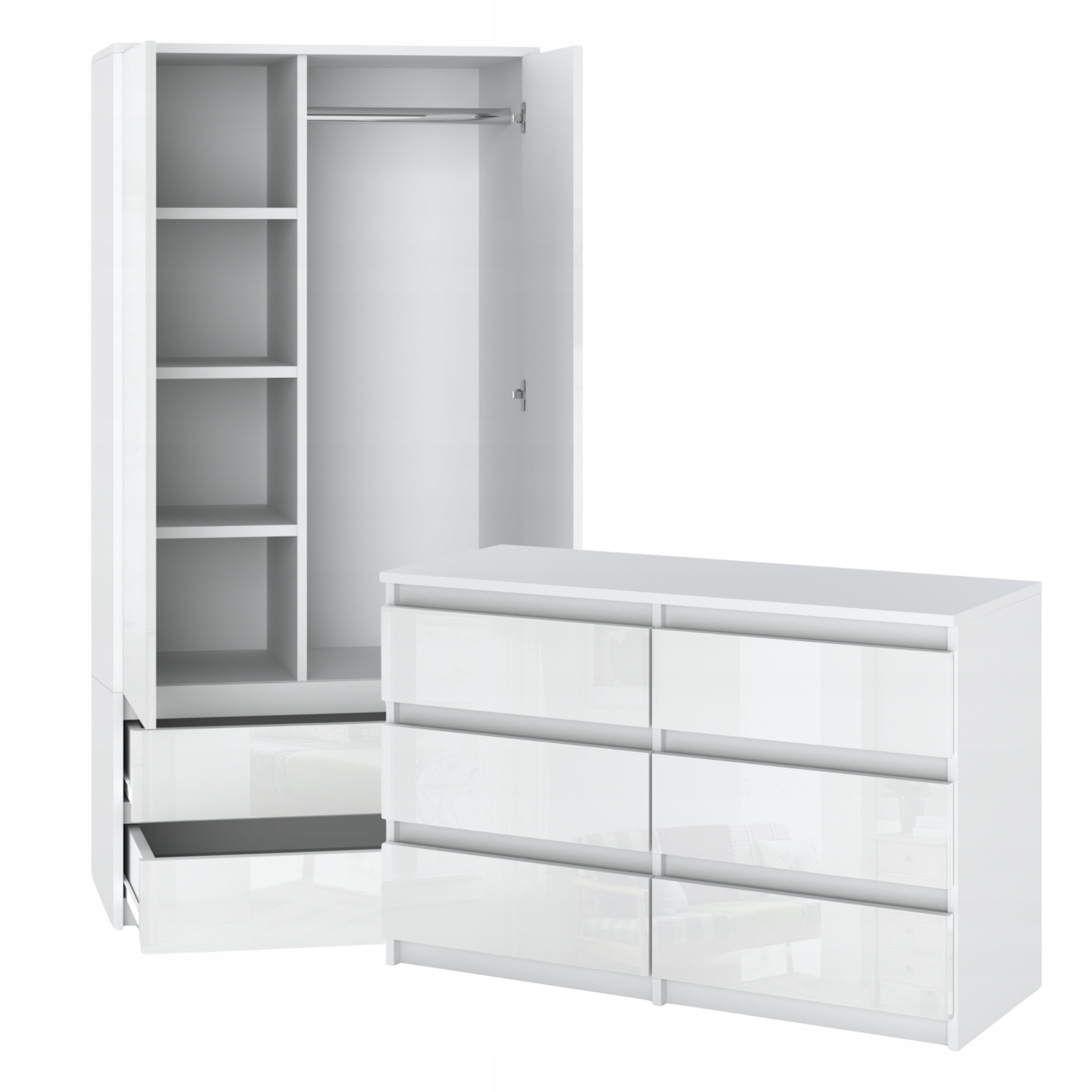 Set De Meuble De Rangement - Armoire 90 Cm + Commode 6 Tiroirs 100cm - Blanc Brillant - Moderne Et Pratique