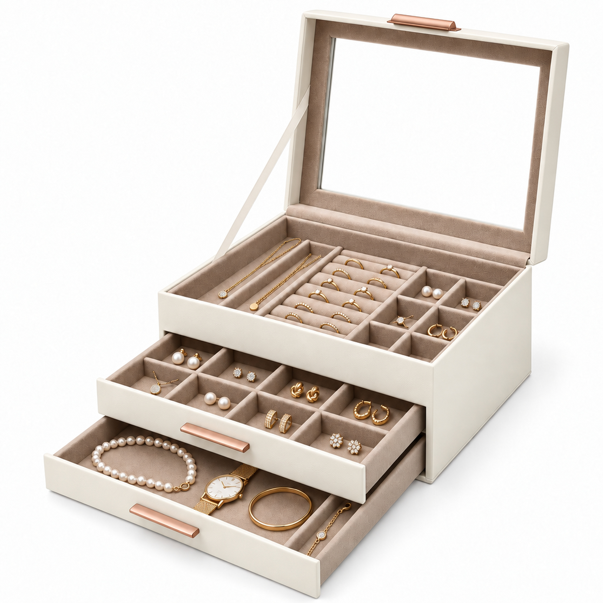 Boîte À Bijoux Blanche Coffret À Bijoux Avec Couvercle En Verre & Tiroirs Blanc Crème 3 Niveaux