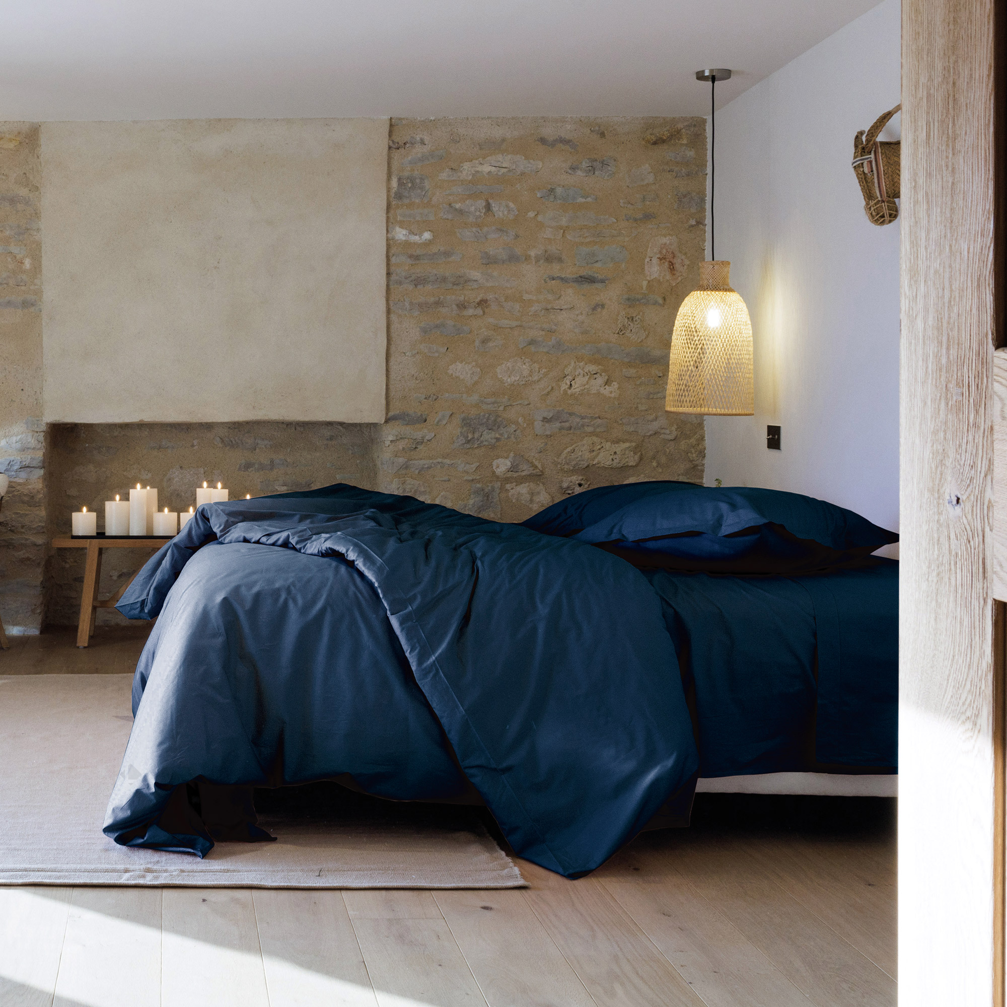 Parure De Lit 240x220 Cm Set 65x65 Cm Percale Manoir Bleu Marine