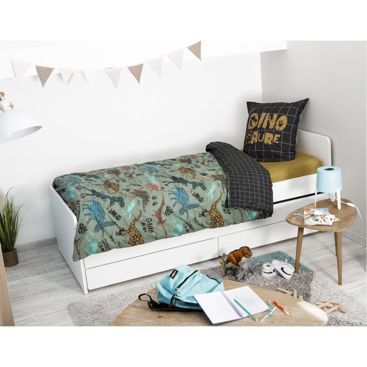 Tyrex - Parure De Lit Coton Motif Dinosaures Housse De Couette 140x200cm + Taie D'oreiller