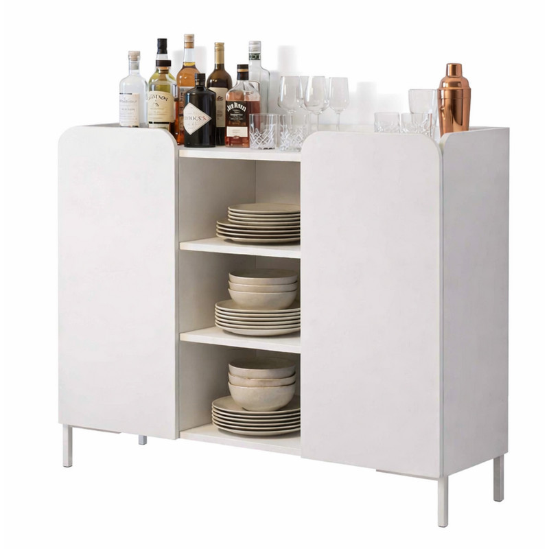 Buffet Design Blanc 2 Portes 7 Niches Dessus Crédence Pieds Métal L 90 H 81 P 36 Cm
