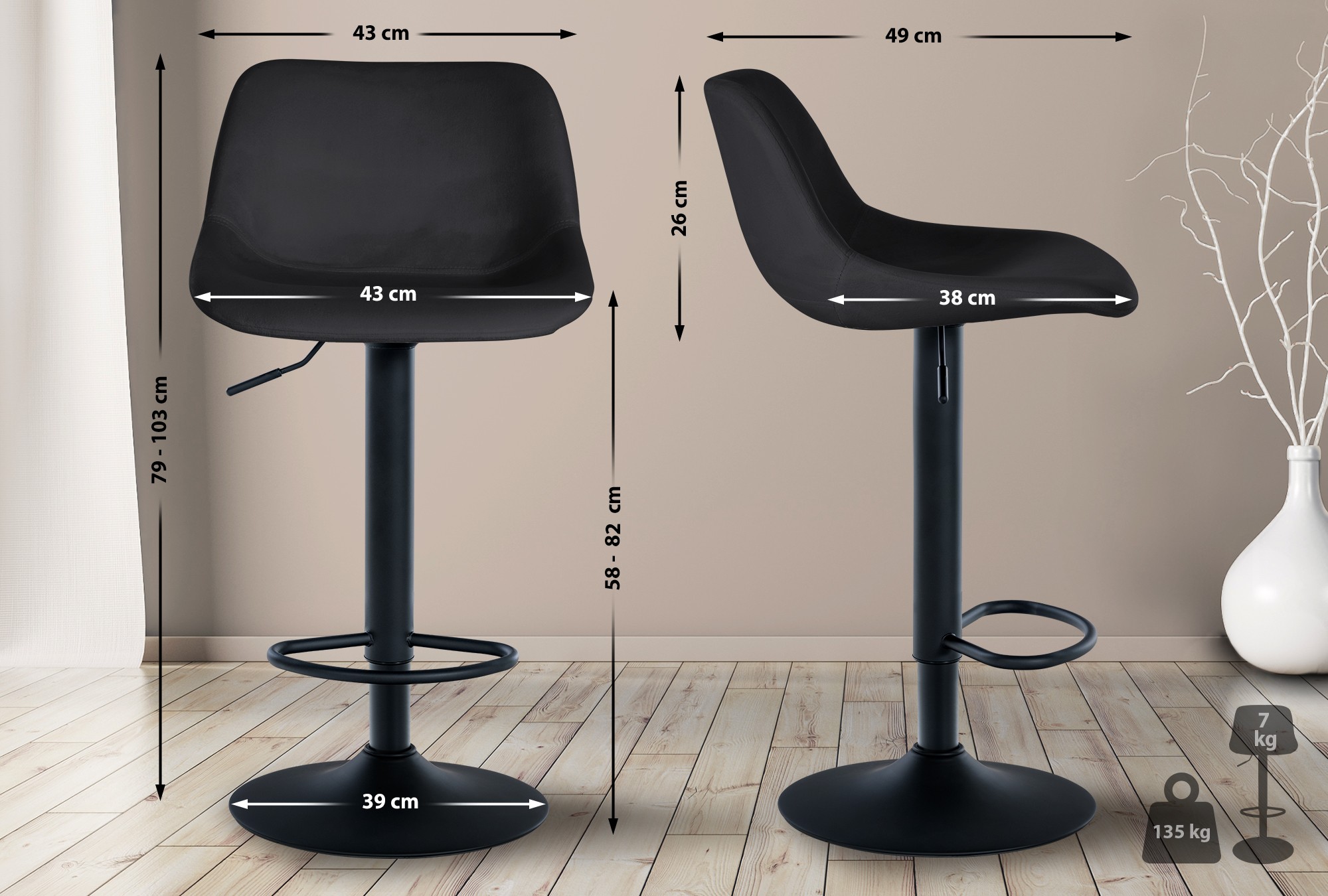 Tabouret De Bar Loft Velours Noir