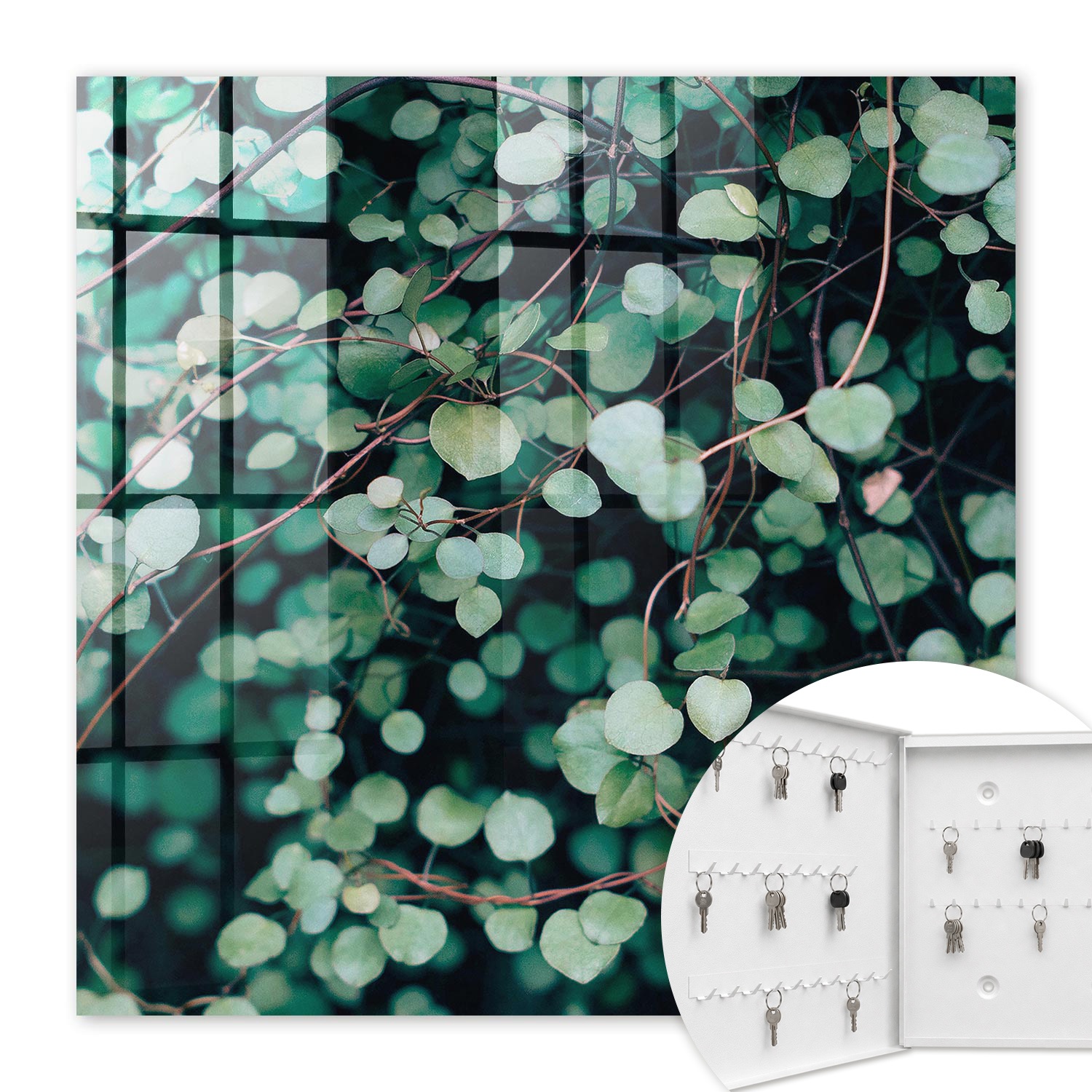 Armoire À Clés - (30 Cm X 30 Cm) - Boîte À Clés Murale - Coffret De Rangement Pour Clés - Couleur Blanche - Ouverture Vers La Gauche - Pour Maison Et Bureau - Feuilles Vertes