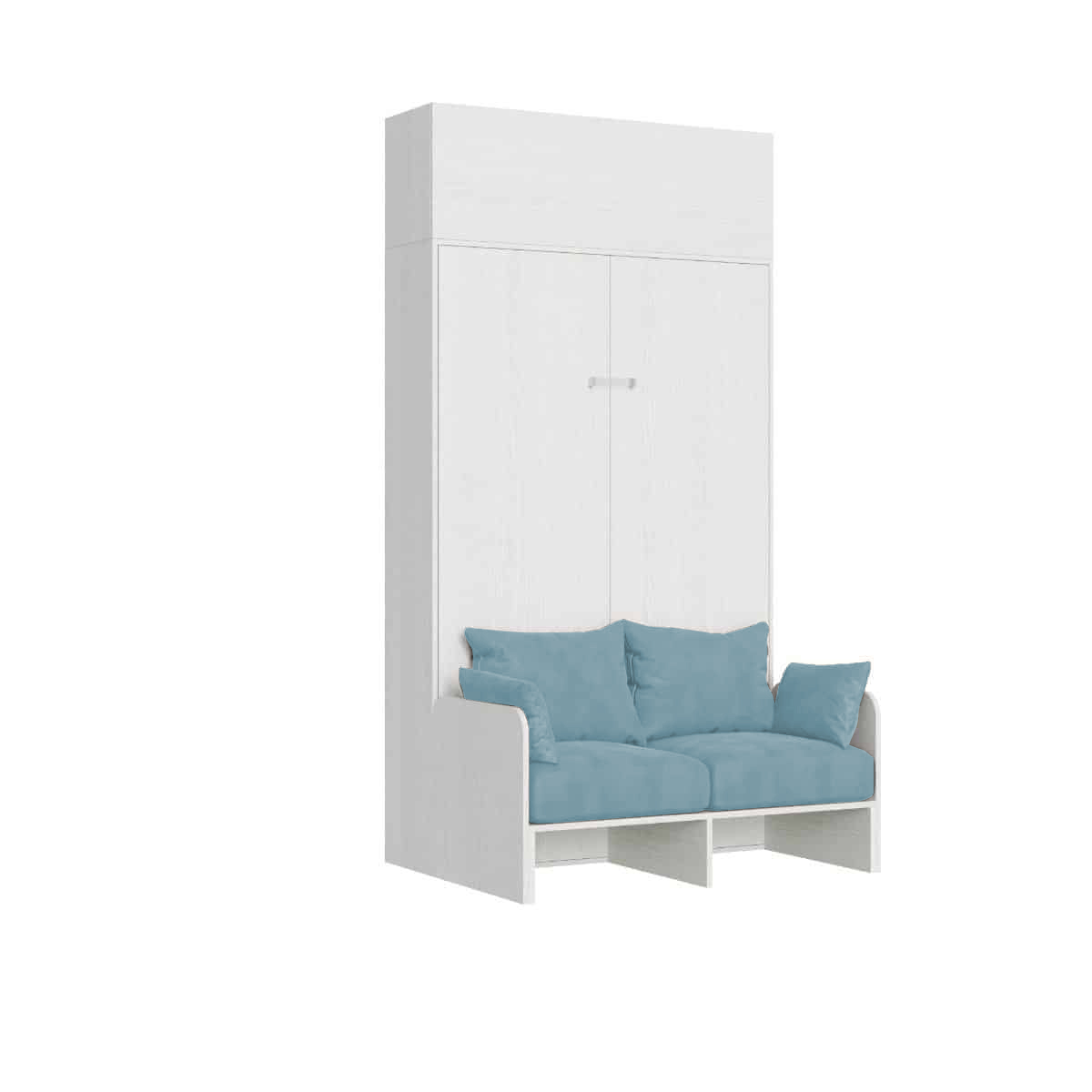 Lit Double Escamotable Français Kentaro 140 Cm Avec Canapé Et Élément Mural En Frêne Blanc, Bleu Clair