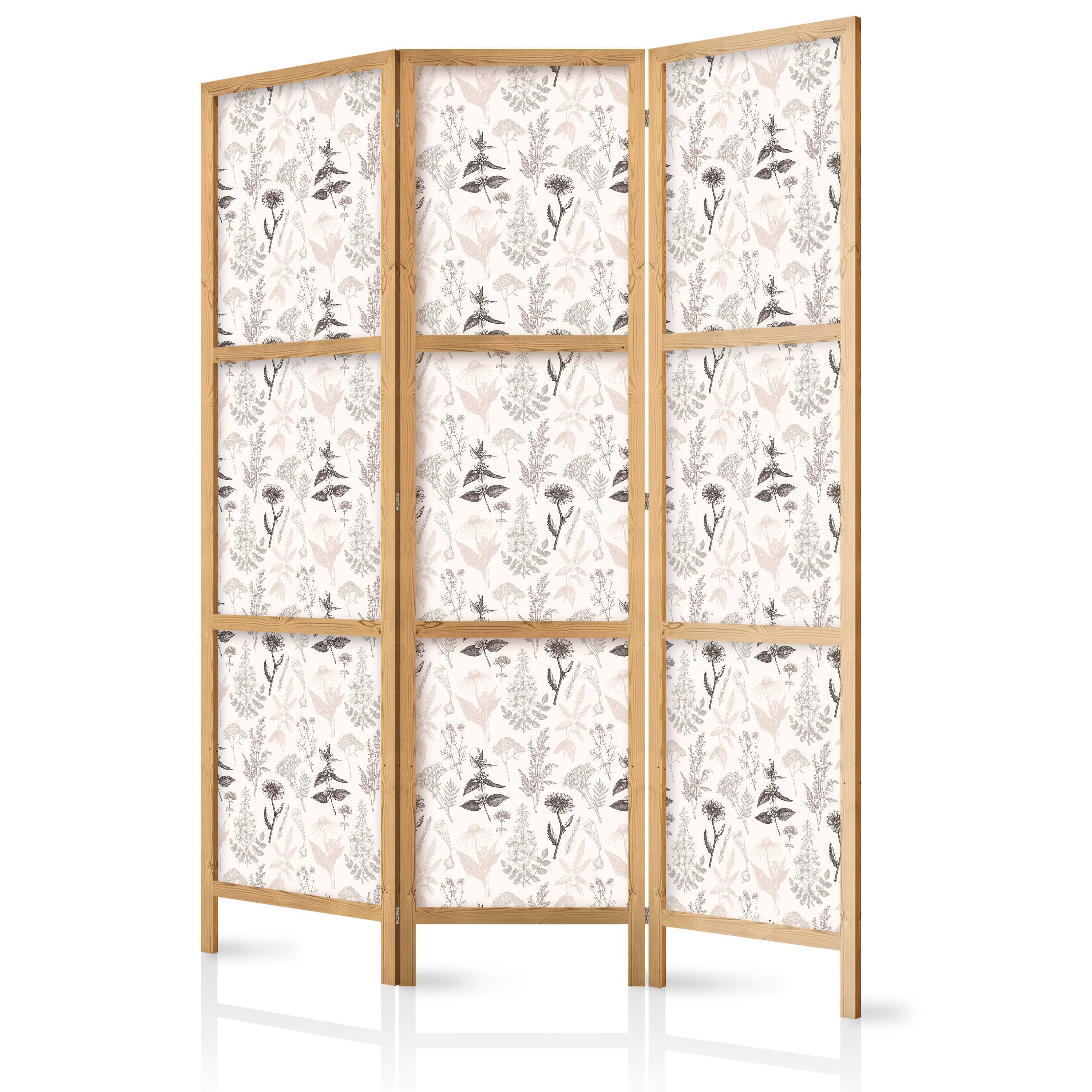 Paravent Japonais - Dessin De Fleurs Et Herbes Gris Beige 135x172