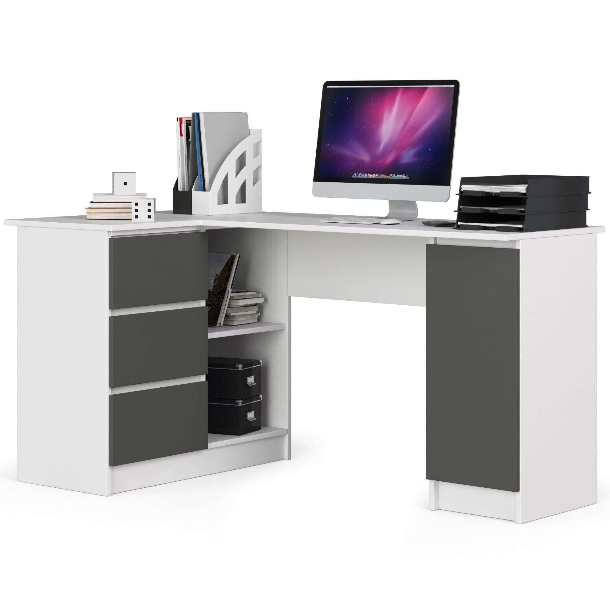 Bureau Akord D'angle Gauche B20 Blanc 155 Cm 1 Porte 3 Tiroirs Façade Gris Graphite 4 Étagères 155x85x77 Cm
