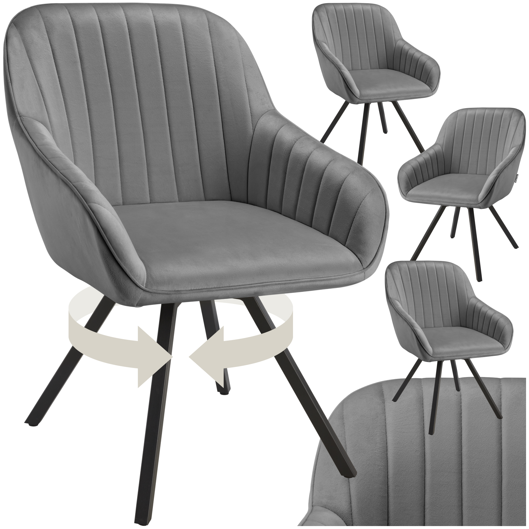 Lot 4 Chaises Pivotantes À 360° Avec Accoudoirs Velours Grises