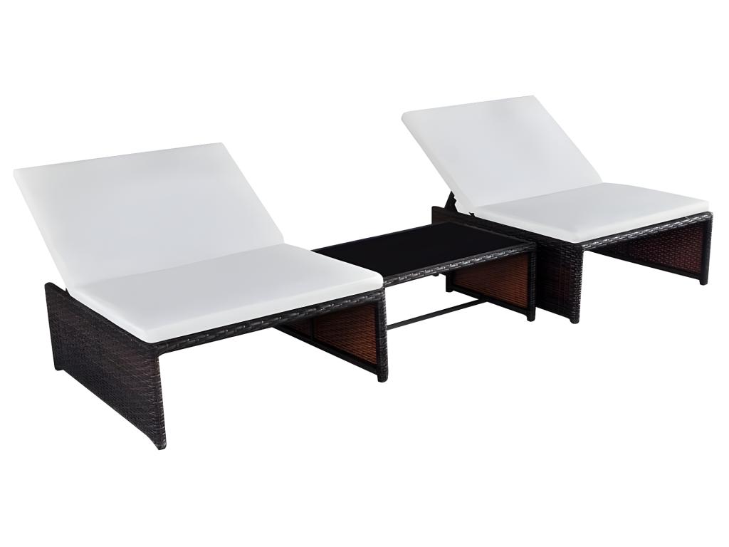 Lot De 2 Transats Chaise Longue Bain De Soleil Lit De Jardin Terrasse Meuble D'extérieur Avec Table Résine Tressée Marro