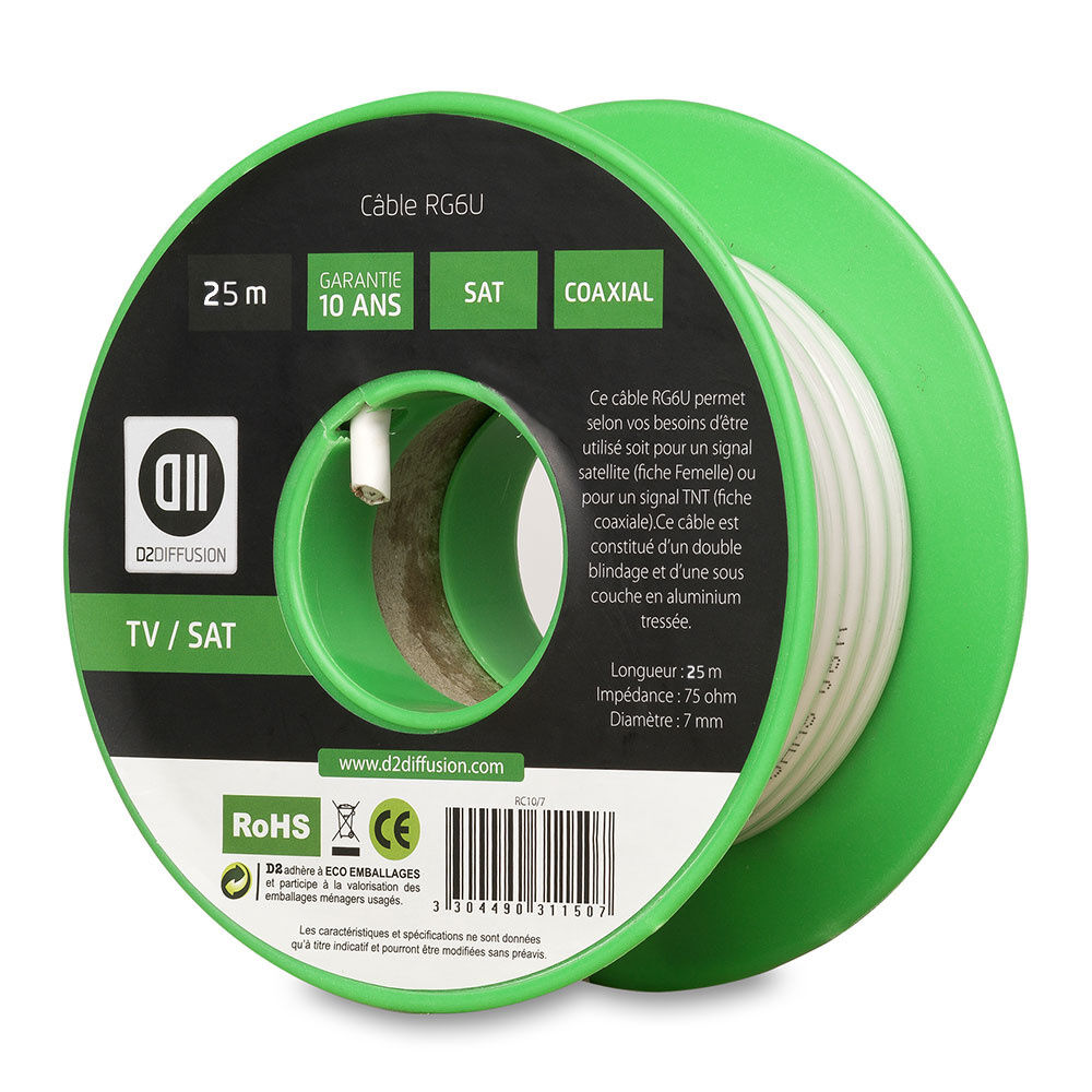 Bobine De Câble Coaxial 25 M Blanc Diamètre 7mm