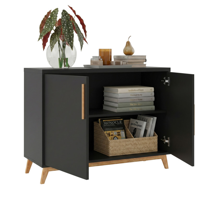 Buffet Beaux Meubles Pas Chers Scandinave 2 Portes 4 Niches Noir Panneaux Mélaminés Pin Massif