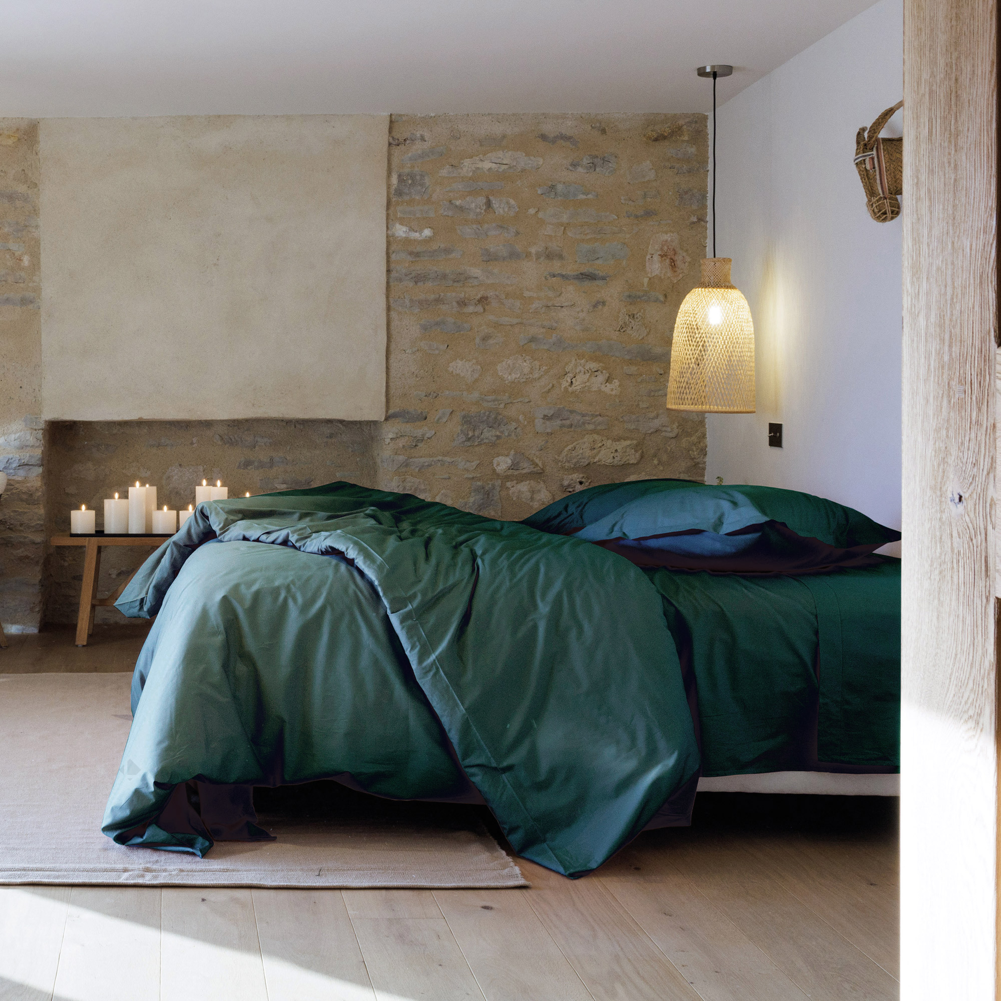 Parure De Lit 260x240 Cm Set 65x65 Cm Percale Manoir Vert Canard