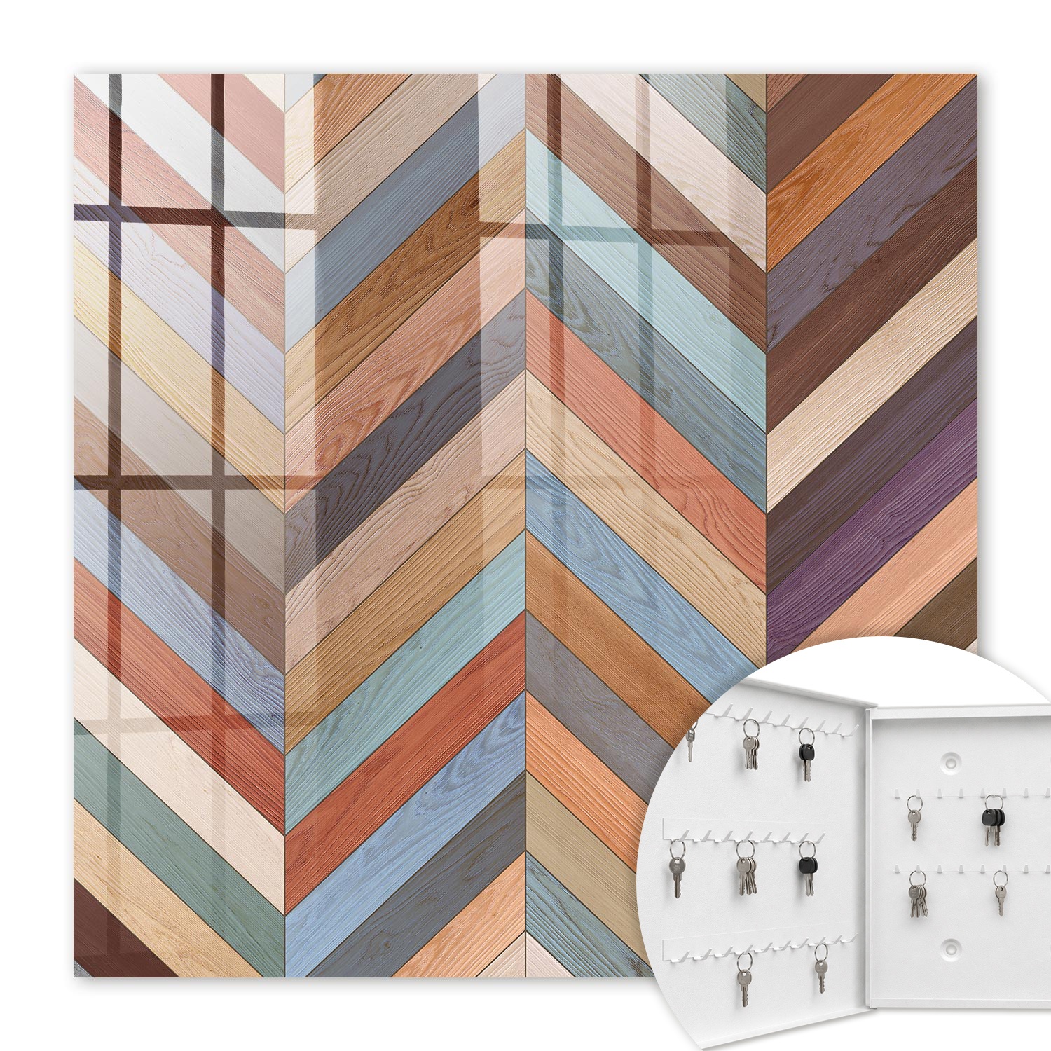 Armoire À Clés - (30 Cm X 30 Cm) - Boîte À Clés Murale - Coffret De Rangement Pour Clés - Couleur Blanche - Ouverture Vers La Gauche - Pour Maison Et Bureau - Style À Chevrons