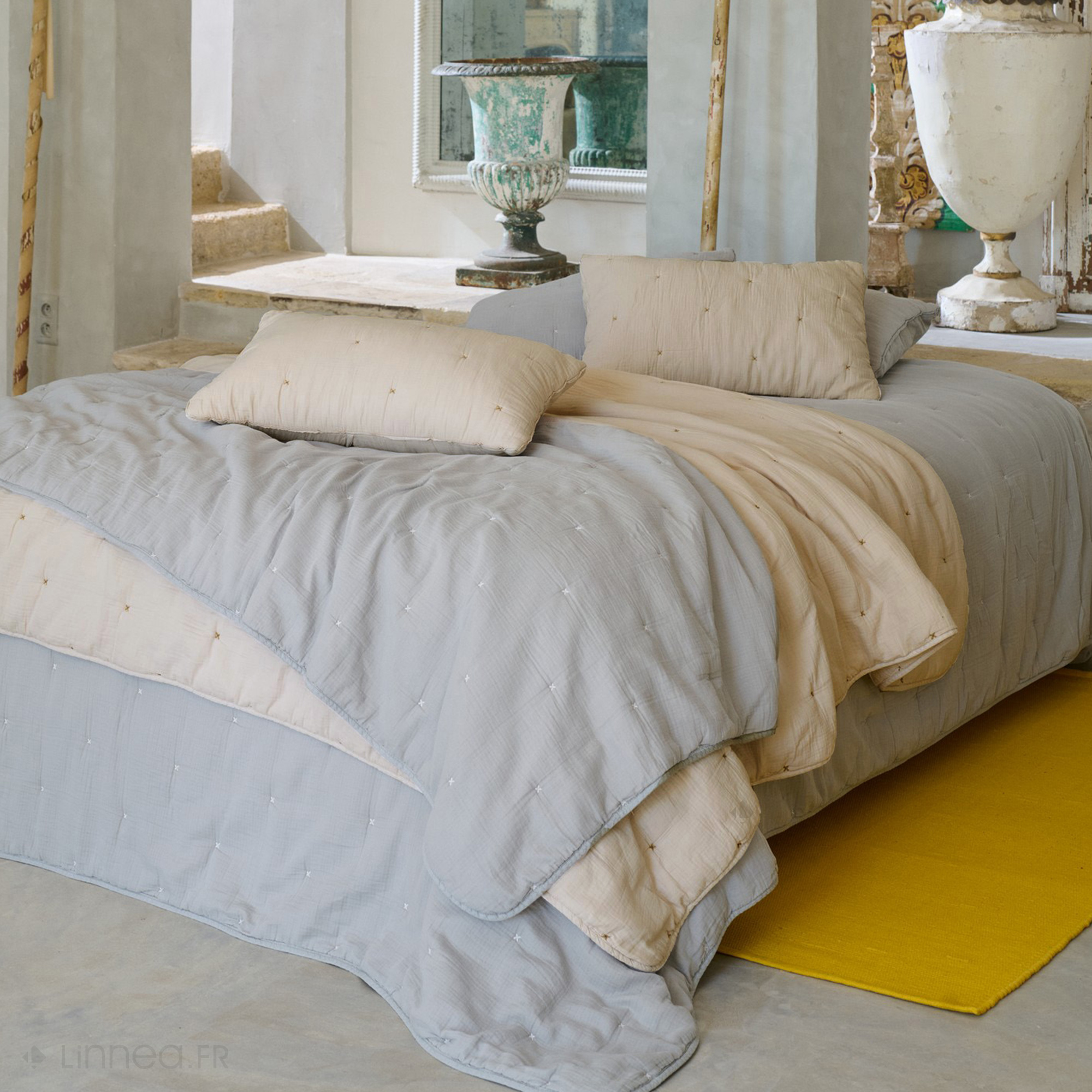 Couvre Lit Capitonné En Mousseline De Coton 180x240 Cm Andros Bleu Lichen