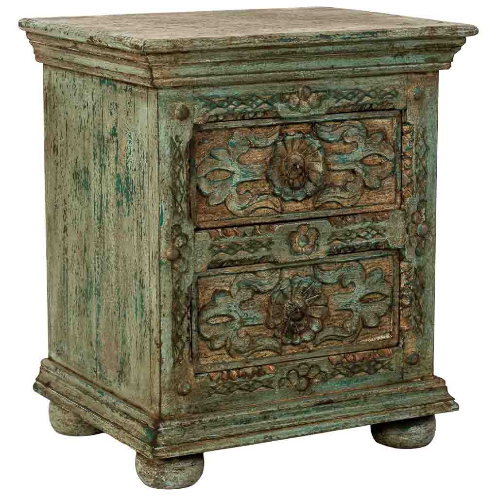 Table De Chevet Artisanale En Bois Avec 2 Tiroirs, Bleu,50x40x60 Cm