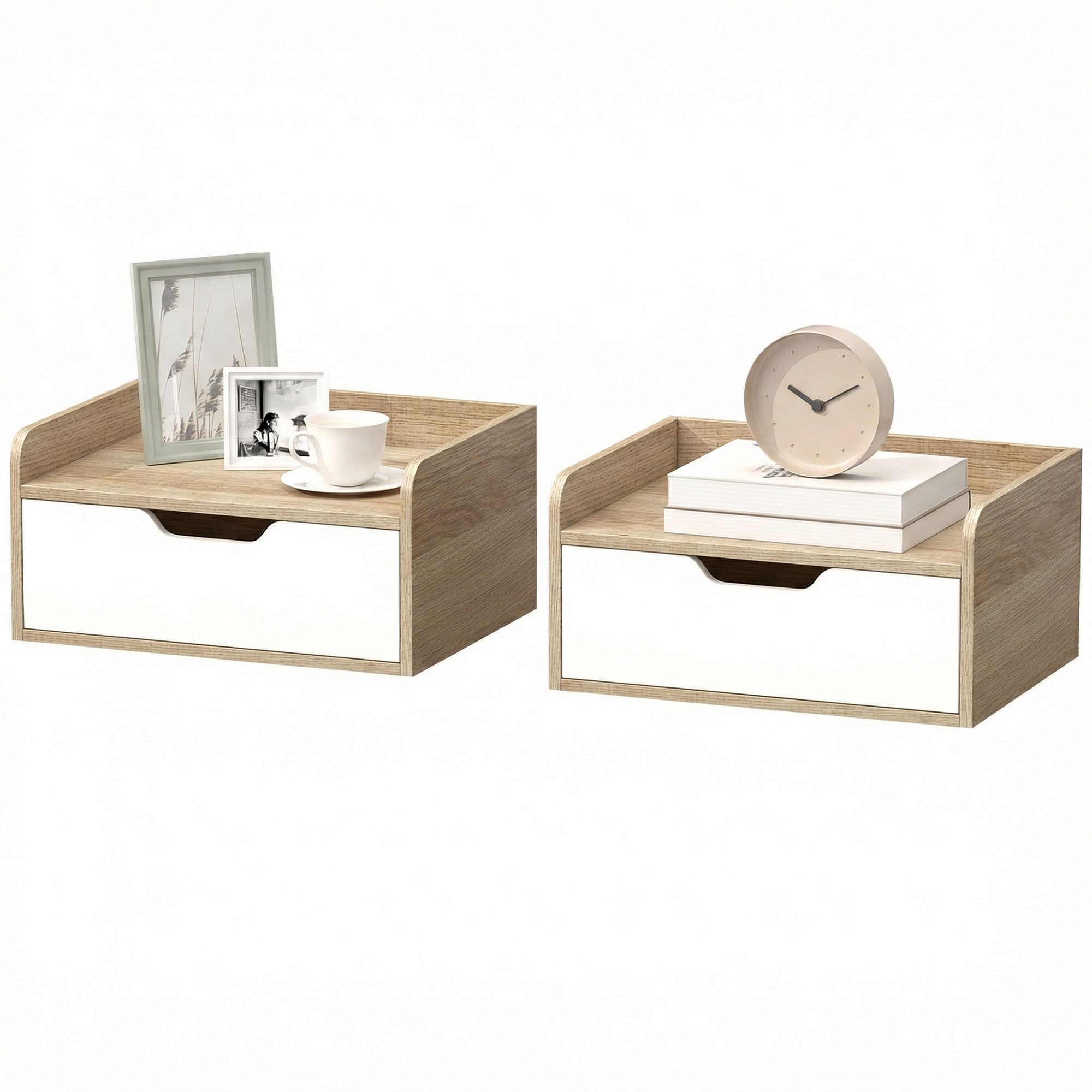 Lot De 2 Tables De Chevet Murales 40 X 30 X 19.5 Cm Tiroir Plateau Rebordé Moderne En Bois D'Ingénierie Bois Naturel 210001548