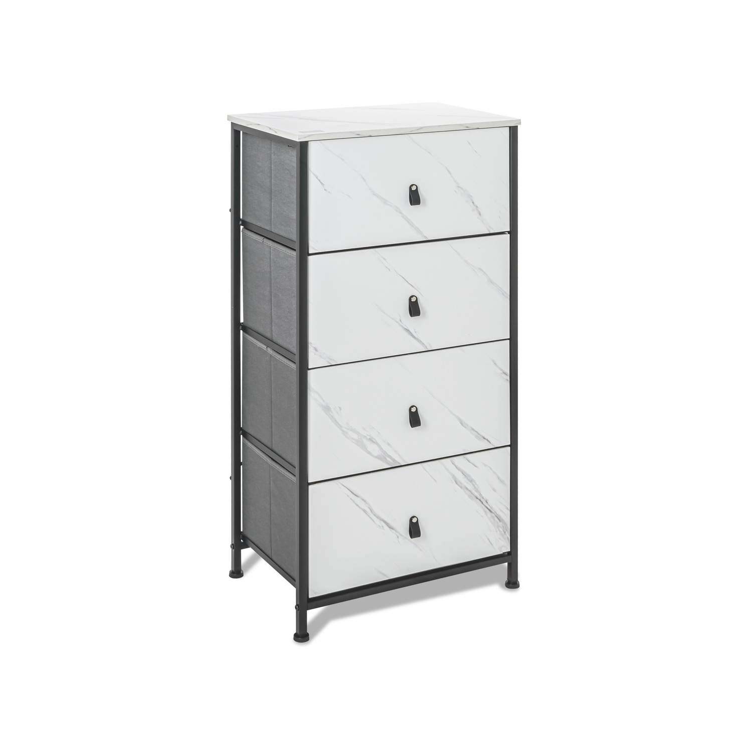 Apollonia - Commode 4 Tiroirs En Tissu, Façade Et Tablette Supérieure En Bois Mélaminé Stratifié Marbre Clair
