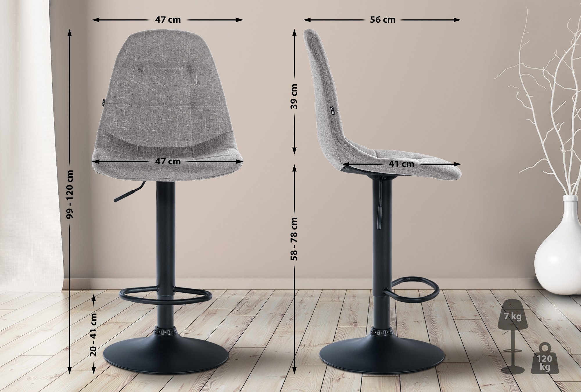 Tabouret De Bar Elmore Tissu B Gris