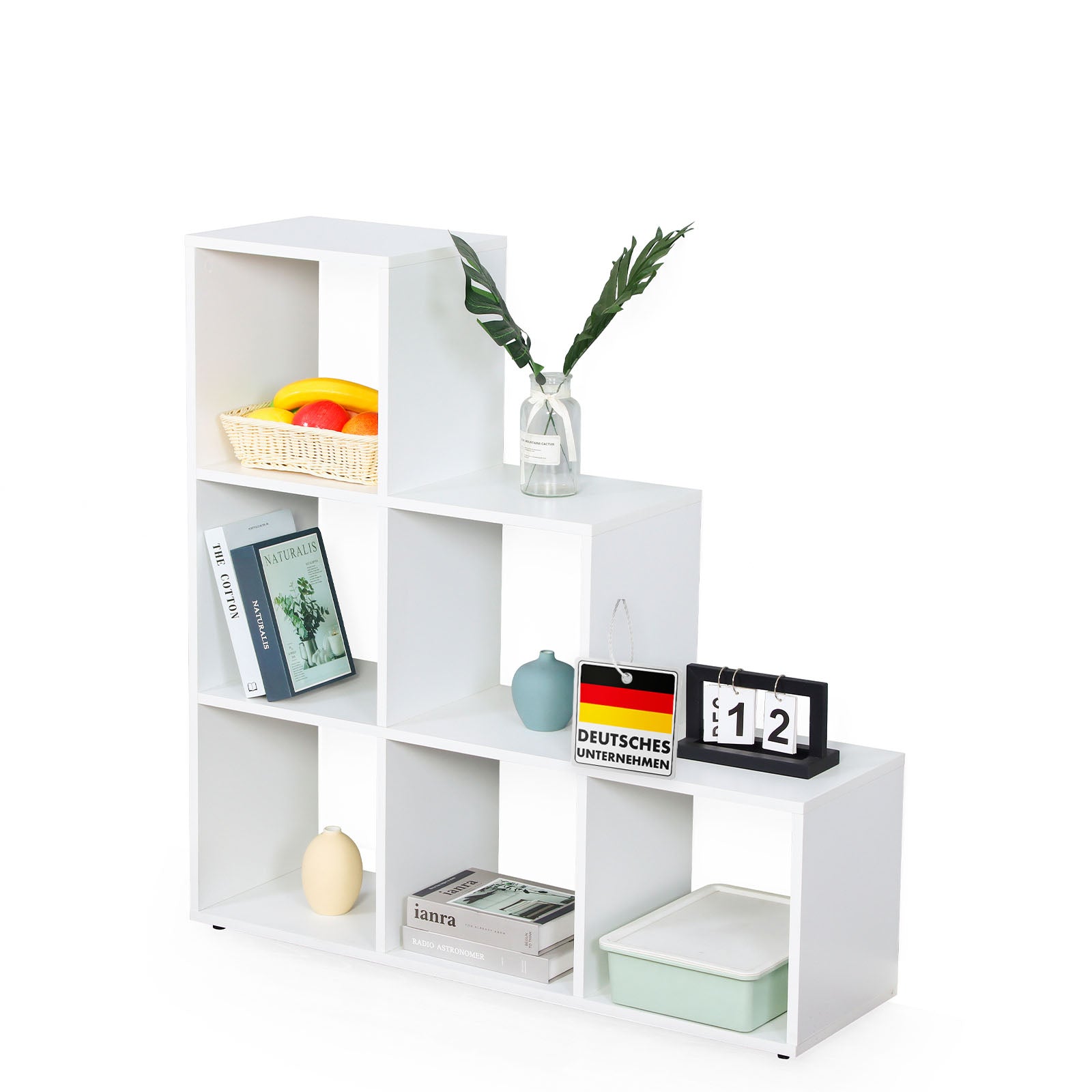 Bibliothèque Carolina Étagère Blanche En Mdf Avec 6 Compartiments Pour Livres, Plantes & Décoration